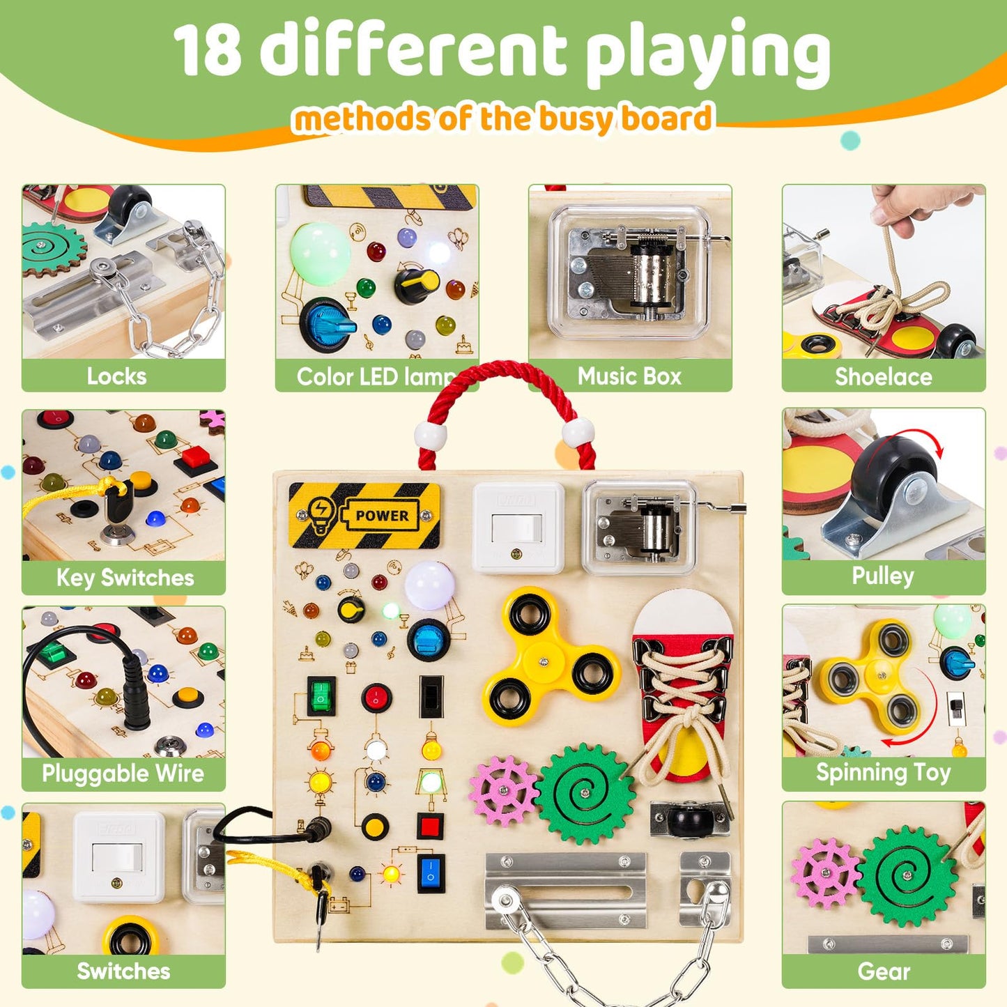 Montessori Wooden Busy Board Toys for 1 2 3 Boys Girls,Toddler Sensory Educational Fidget Board Travel Toy with LED Light Up Switches & Music Boxes, Locks for Kids Gifts