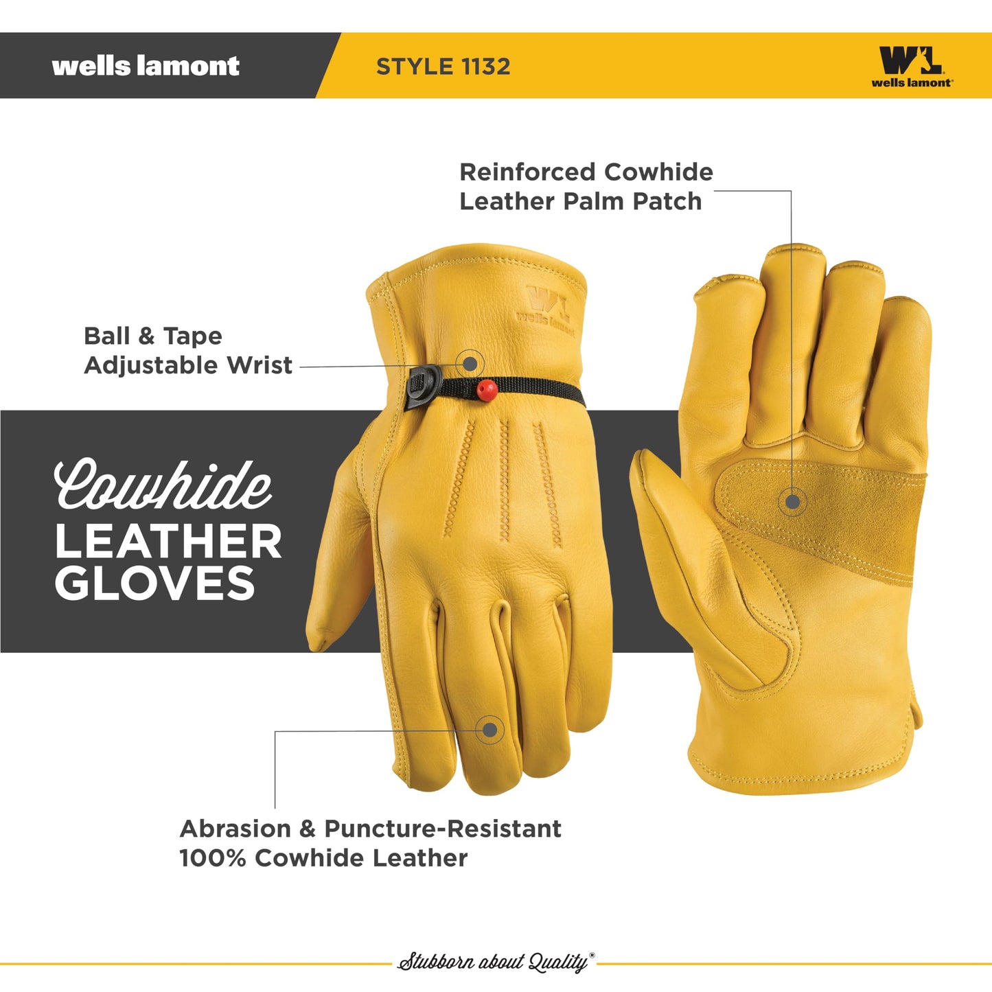 Wells Lamont Leather Work Gloves for Men – Heavy Duty, Cowhide, Abrasion & Puncture Resistant – Adjustable Wrist, Gunn Cut Design, Ideal for Ranching, Farming, Construction - Saddletan - S