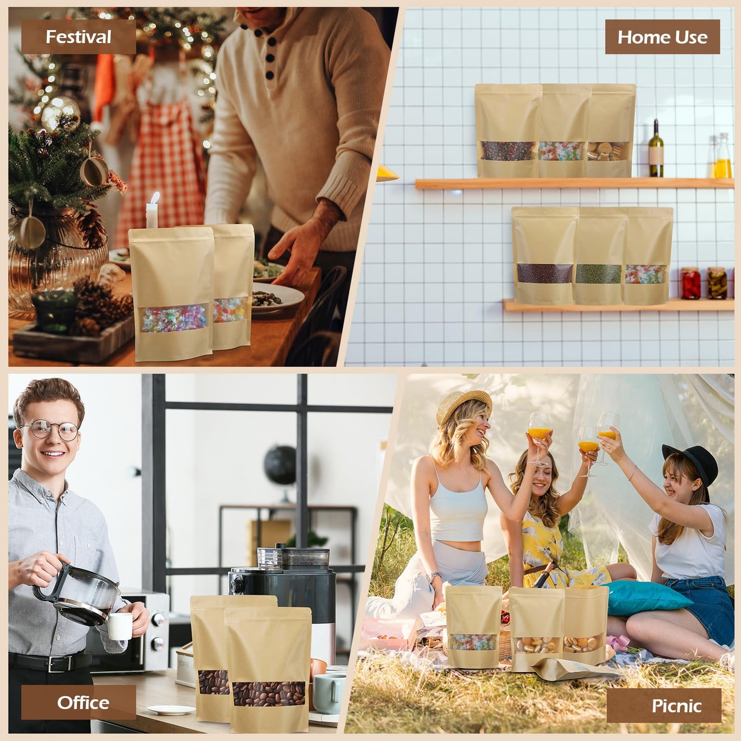 Geosar 150 Pcs Stand up Kraft Pouches with Window 8.5 x 12.5 Inch Kraft Paper Sealable Pouches with Notch Heat Sealable Resealable Bags for Small Business, Zipper Food Storage for Packaging, Snacks