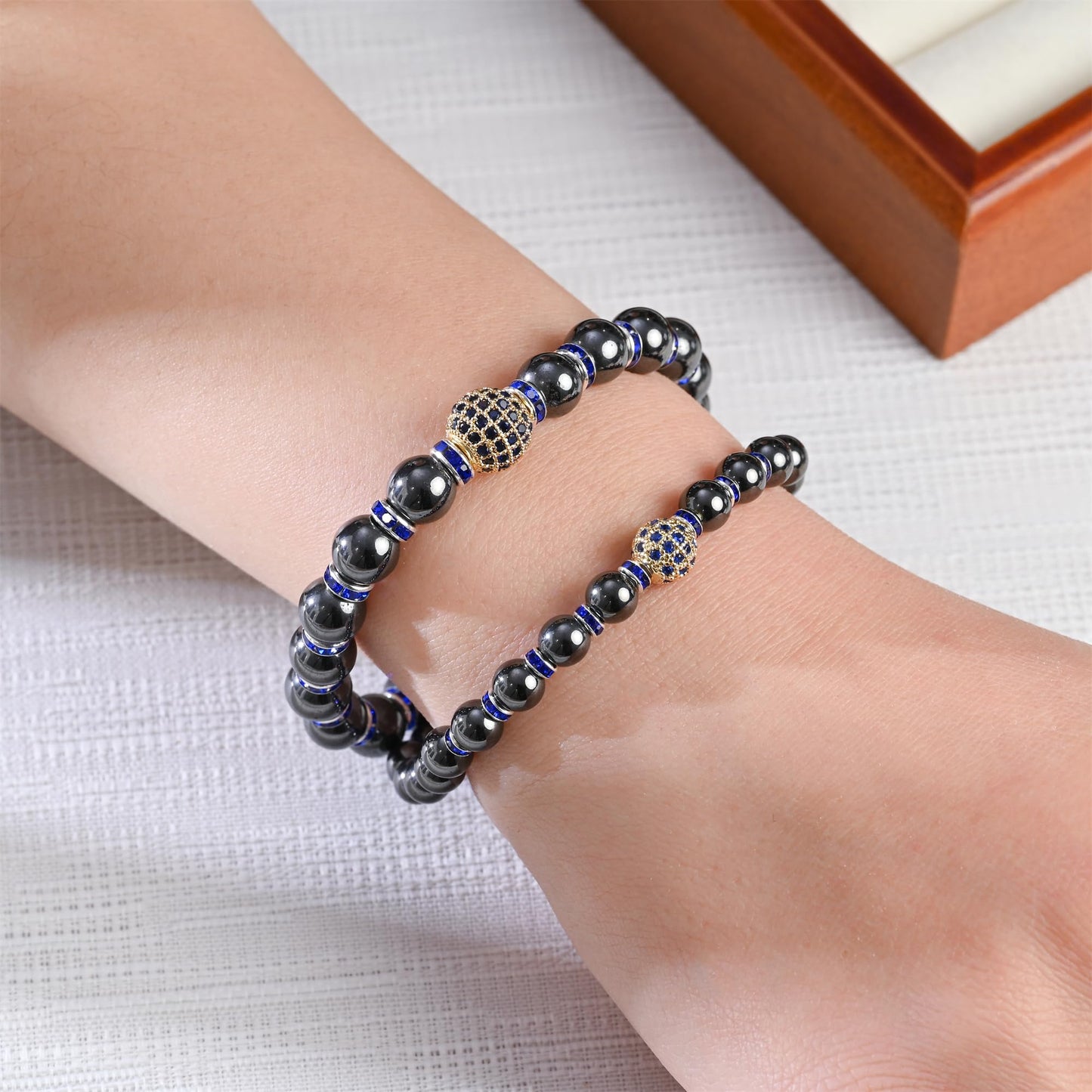 Apocalyptic-K Women's Magnetic Bracelet,Hematite Bracelets,Magnetic Bracelets With Zirconia,Handmade Stretch Bracelet,Eliminates static electricity. (8MM Blue &10MM Zirconia)