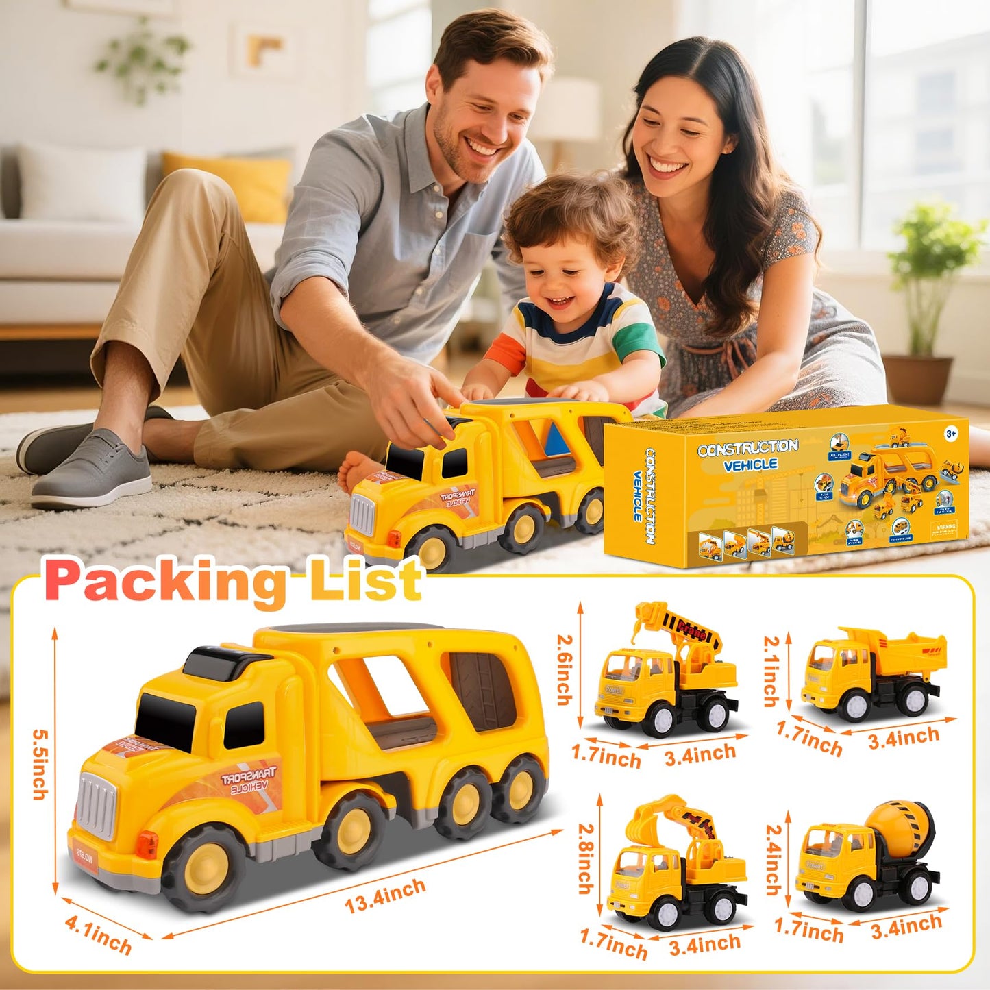 Nicmore Construction Truck Toddler Toys Car: Toys for 1 2 3 4 Year Old Boy 5 in 1 Carrier Toys for Kids Age 1-3 2-4| 18 Months 2 Year Old Boy Christmas Birthday Gifts
