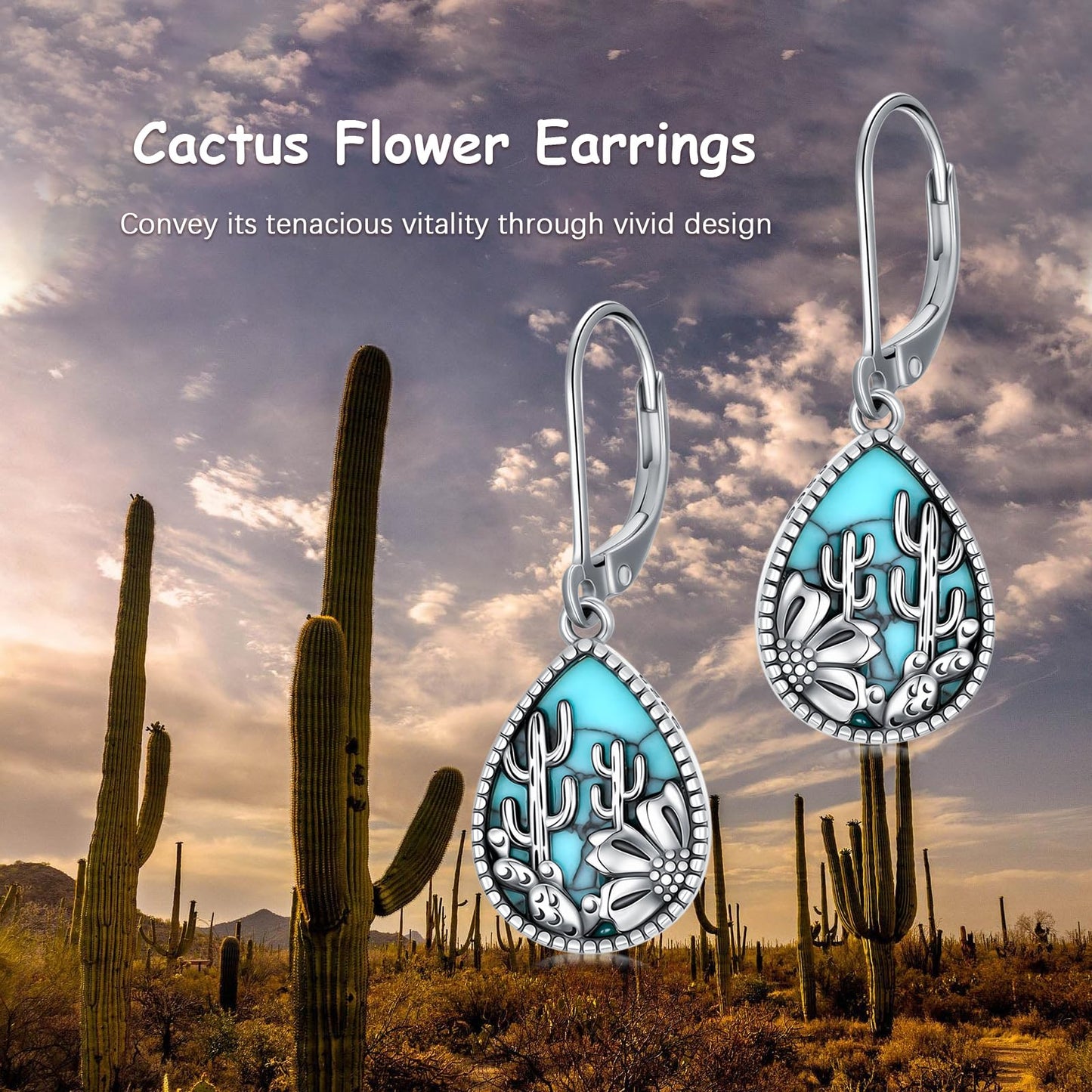 KoyeKei Cactus Dangle Drop Earrings for Women Country 925 Sterling Silver Turquoise Cactus Leverback Earrings Dangling Western Jewelry Christmas Gifts for Plant Lovers