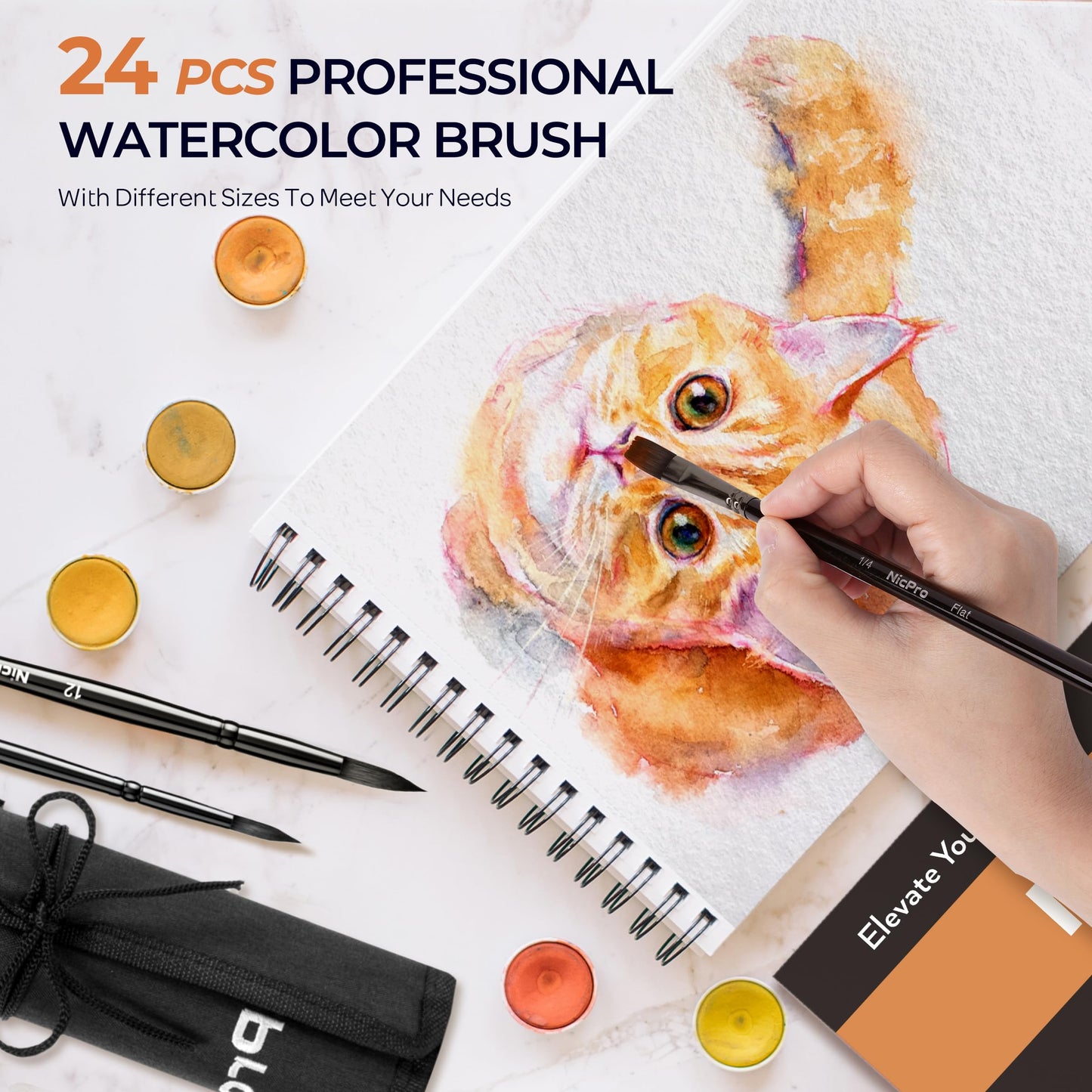 Nicpro Watercolor Brushes Professional, 24pcs Soft Synthetic Squirrel Hair Watercolor Paint Brush Set with Cloth Roll, Round, Flat, Filbert, Dagger, Cat Tongue for Water Color Gouache Inks Painting
