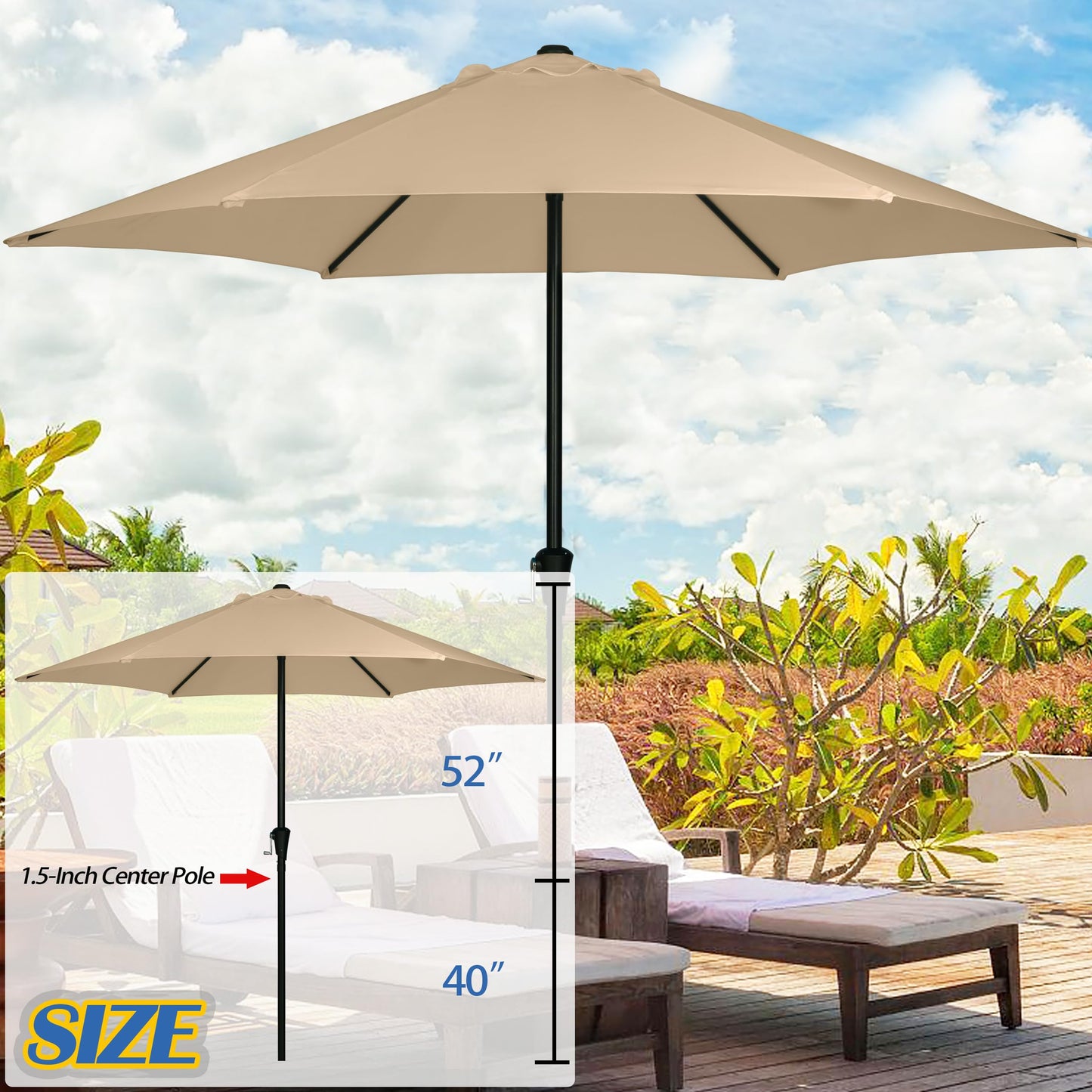 Sunnyglade 9FT Outdoor Patio Umbrella, Market & Table Umbrella with 6 Sturdy Ribs and Crank System, Fade-resistant & Waterproof for Garden Backyard Poolside Deck (Tan, 9FT)