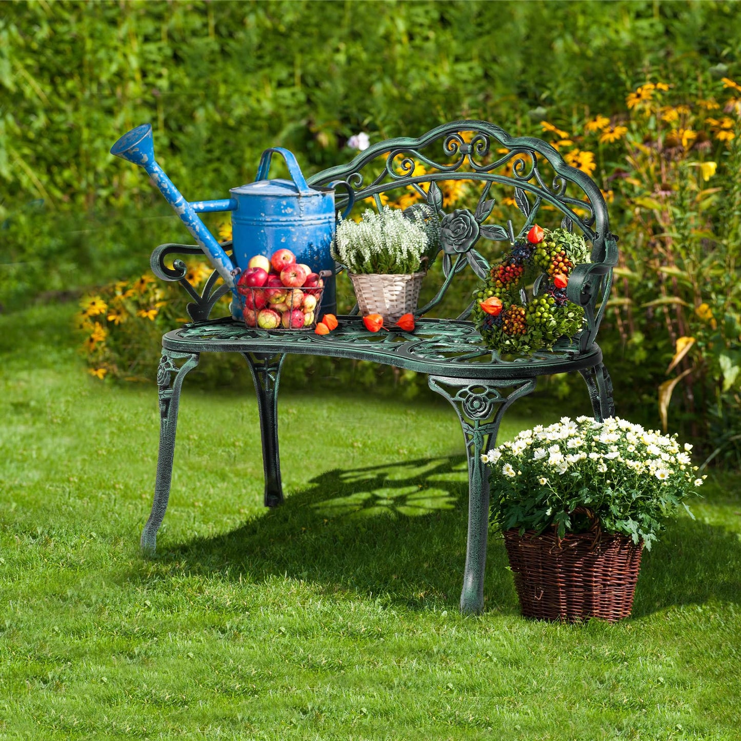 VINGLI 38.5" Patio Park Garden Outdoor Metal Rose Bench, 2-Person Cast Iron Cast Aluminium Frame Antique Finish Chair,Accented Lawn Front Porch Path Yard Decor Deck Furniture (Green, Rose)