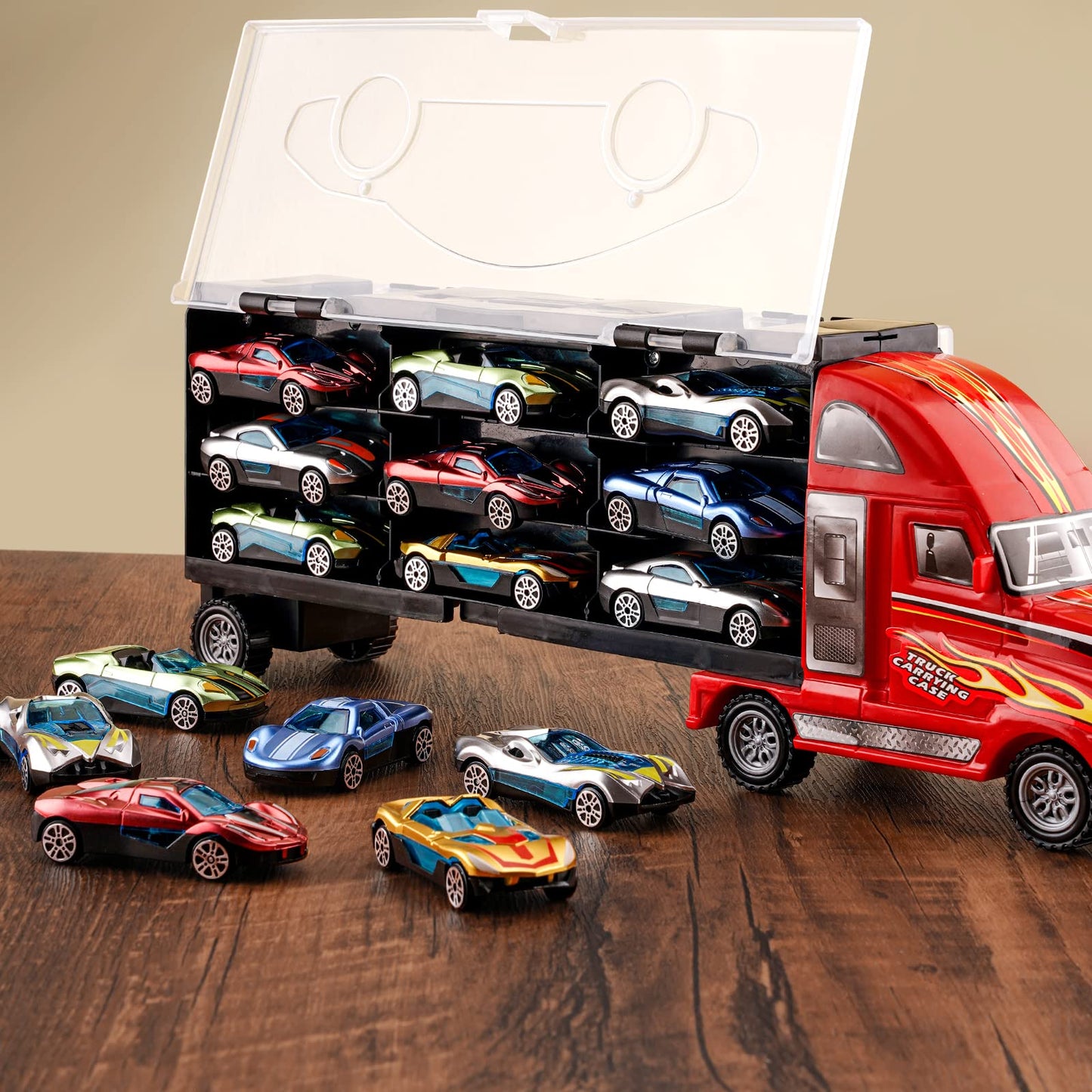 BoomCaCa Toy Truck Transport Car Carrier - 18 Sport Cars in Truck Toys, Toys for Boys and Girls Age 3-10 yrs Old, Ideal Party Christmas Birthday Gift for Kids
