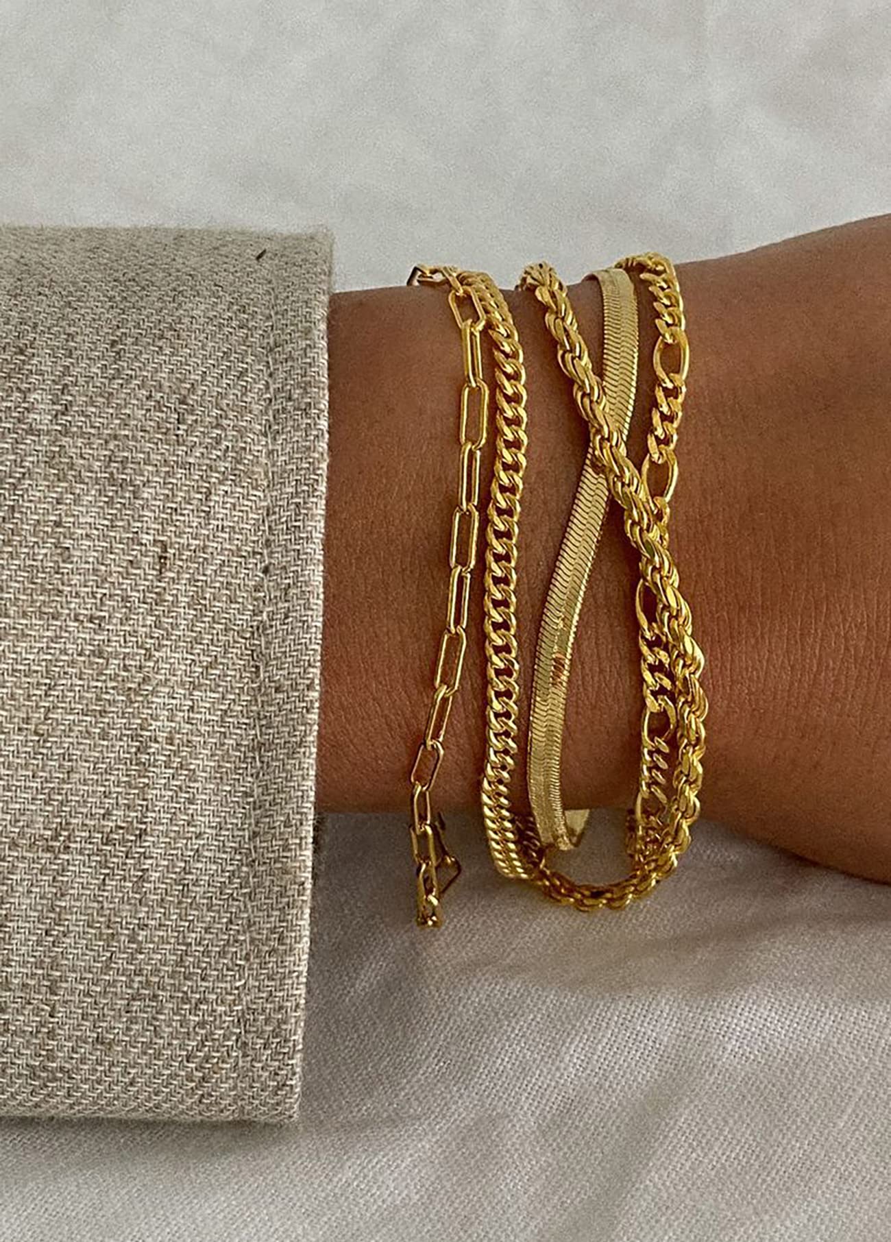 DEARMAY 14K Gold Plated Bracelets for Women Trendy Gold Jewelry Set for Women Cuban Link Chain Figaro Paperclip Rope Herringbone Bracelet Pack Gifts