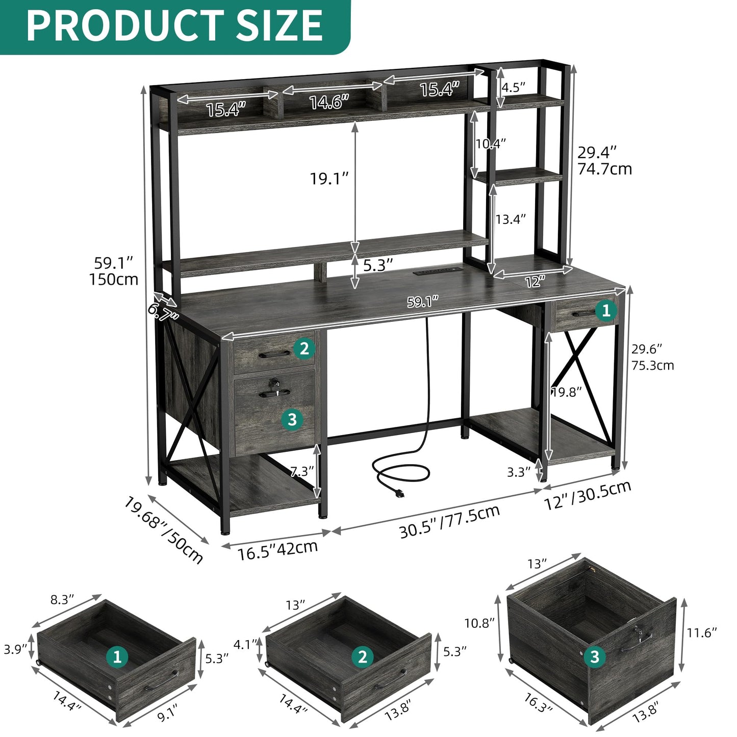 YITAHOME Computer Desk with Hutch & Drawers, 59" Office Desk with Power Outlets, Gaming Desk with LED Lights and Storage Shelves, Grey
