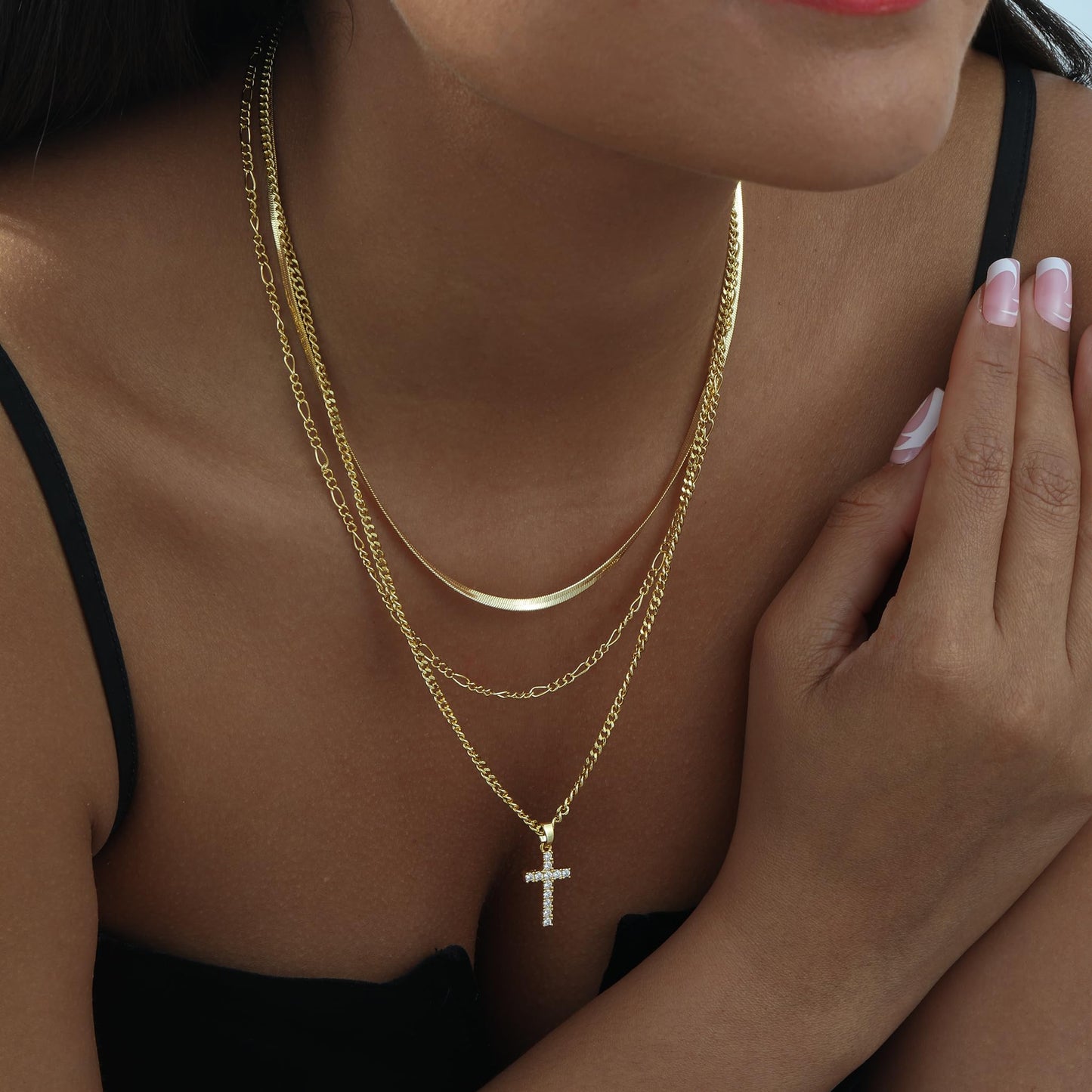 Kyerlyn Cross Necklace for Women,Stackable Stacked Stacking Layering Layered Necklaces Set Dainty 14 K Gold Silver Paperclip Chain Pendant CZ Simple Jewelry Gift