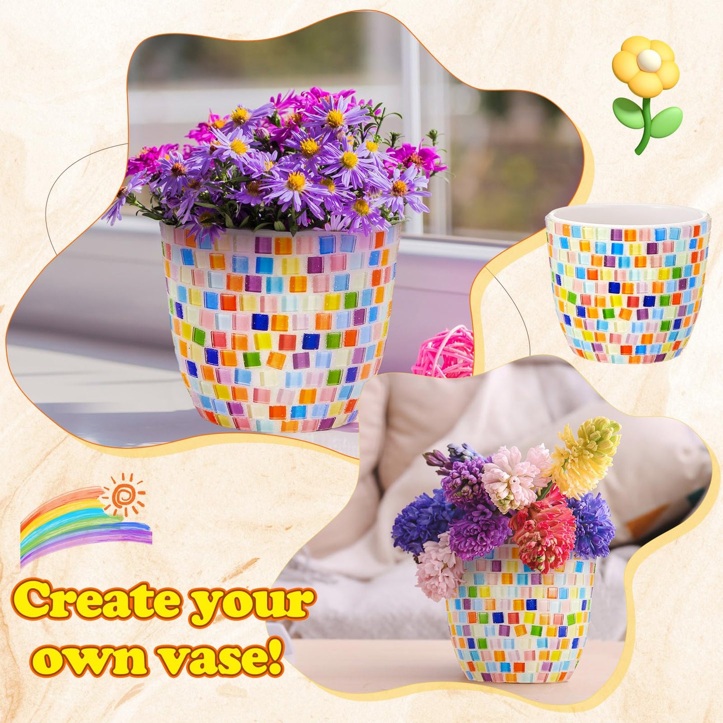 Tioncy 2 Set Mother's Day Mosaic Coaster DIY Vase Mosaic Painting Kit for Adults Gift, DIY Arts and Craft Kits Vase Flower Accessories Art Kit for Room Decor Craft, Home Decor Gifts(Rainbow)
