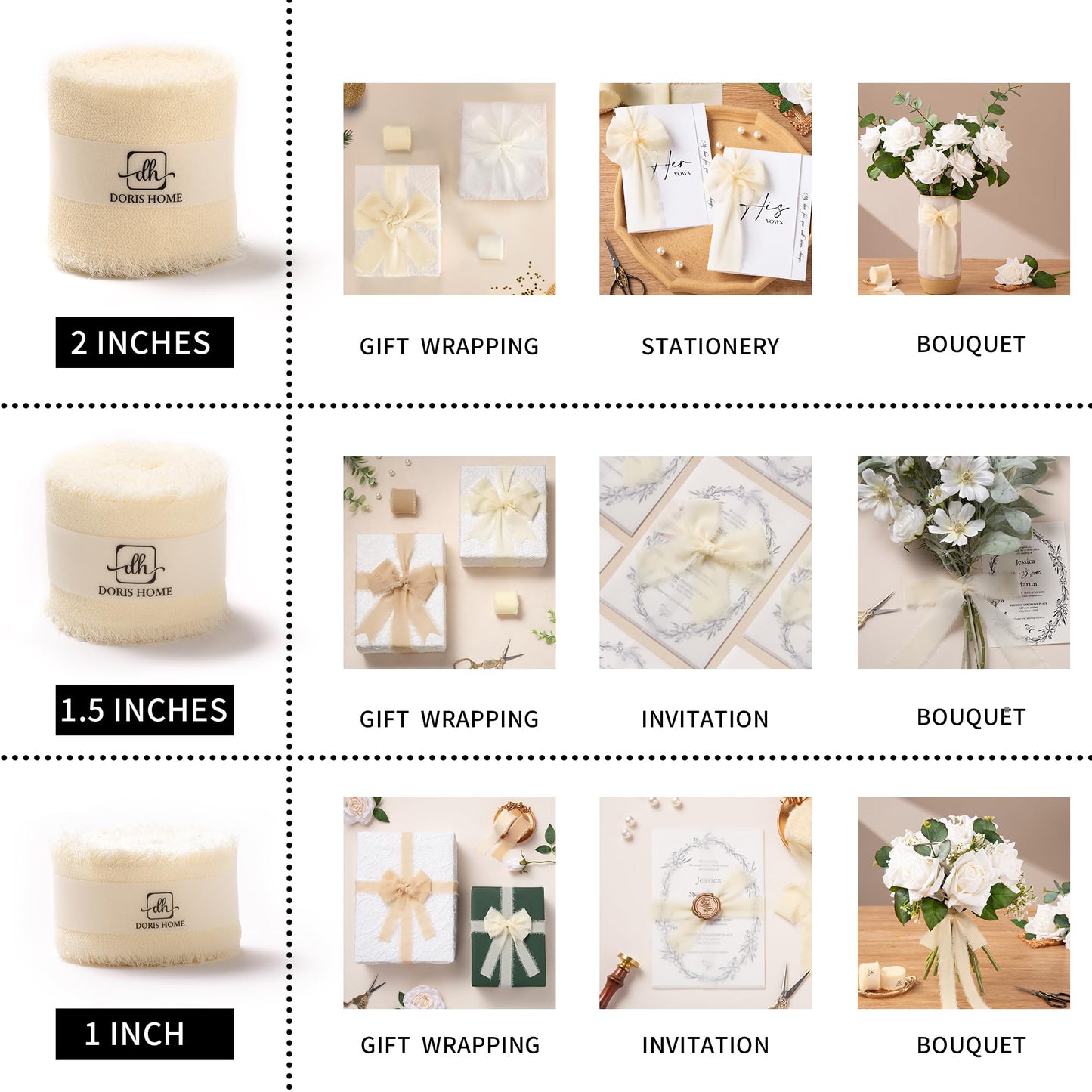 DORIS HOME Nude and Ivory Chiffon Ribbon for Flower Bouquet, 1.5" x21Yd Fabric Ribbon for Gift Wrapping, Handmade Frayed Ribbon for Wedding Christmas Decorations