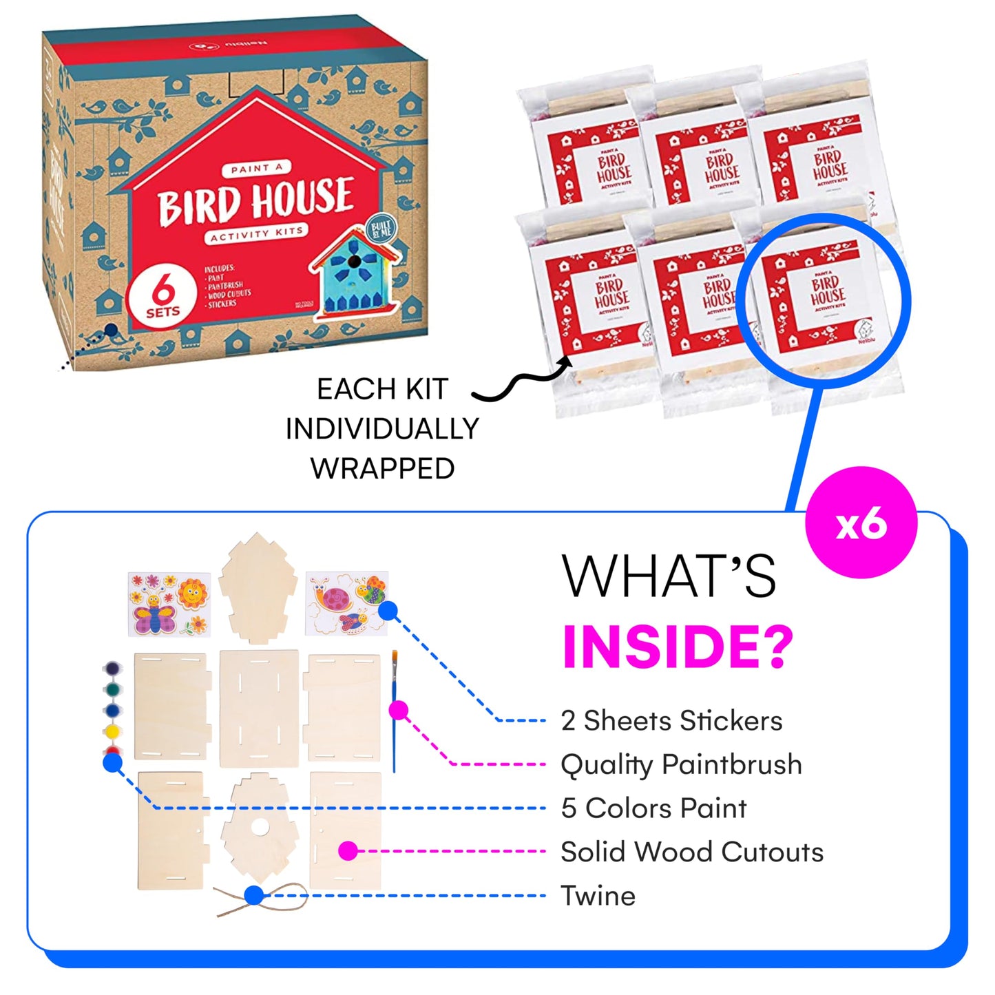 Neliblu 2 Pack Birdhouse Kits for Kids - 6.1" x 5.9" x 3.0" - DIY Craft and Garden Decoration, Pre-cut, Easy to Assemble for Birdwatchers - Includes Paints, Brushes, Birdhouse Kits for Adults to Build