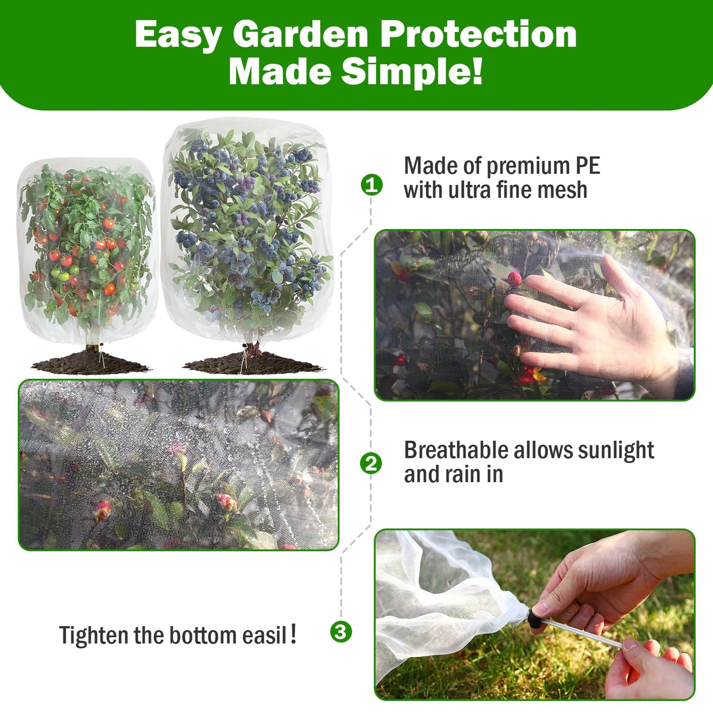 4 Pack Garden Mesh Netting for Plants 2.6x3.3ft - 3.3x4.9ft Insect Bird Netting Pest Barrier Bag with Drawstring 2 Size Fruits Tree Blueberry Bush Netting Cover Bag Protection for Vegetables Tomato