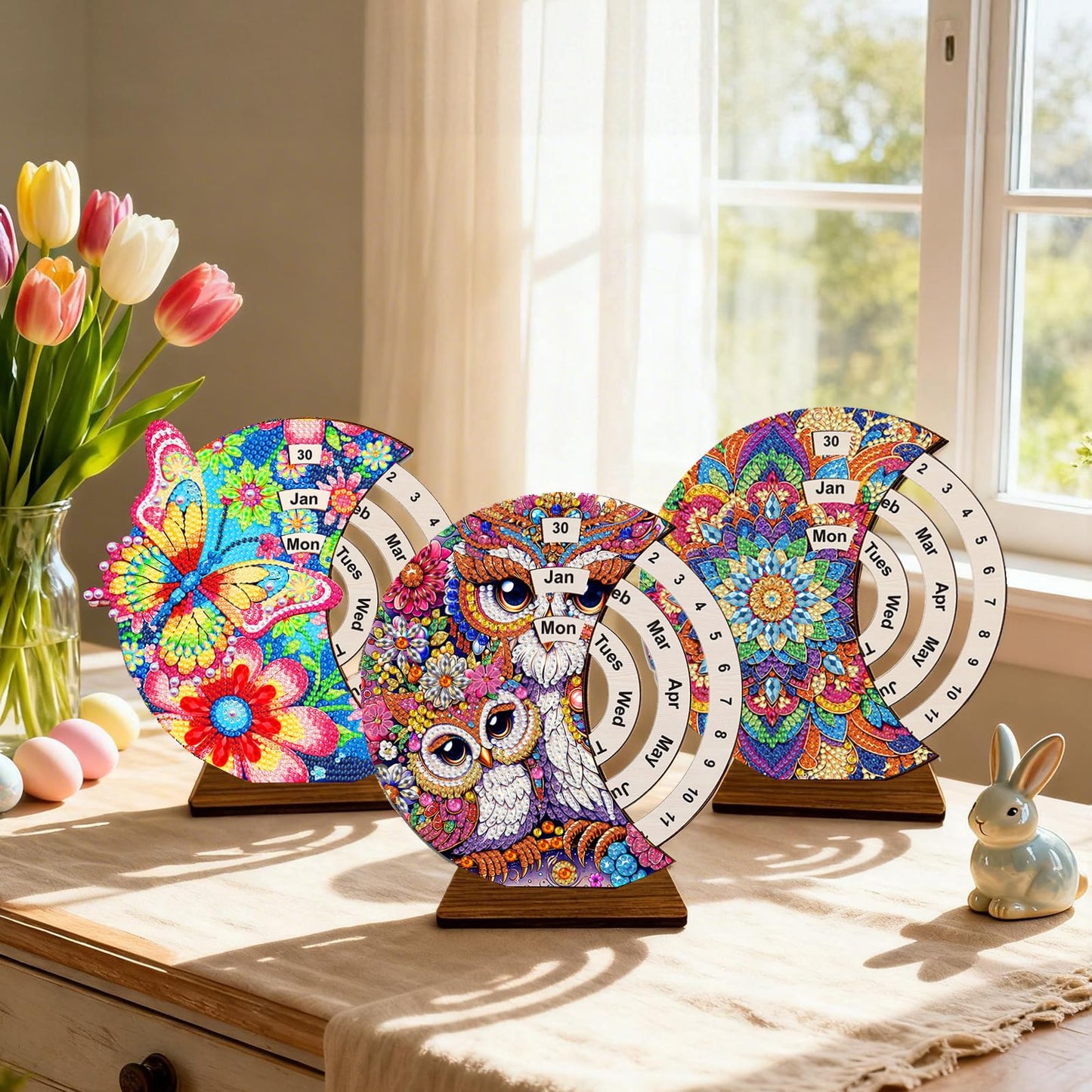 CharySim Diamond Art Calendar Kits for Adults Diamond Gem Art Kit Paint By Dots Kits Rhinestone Craft Kit for Women Birthday Gift DIY Bedazzling Art Desktop Stand (Owl&Cross 2)