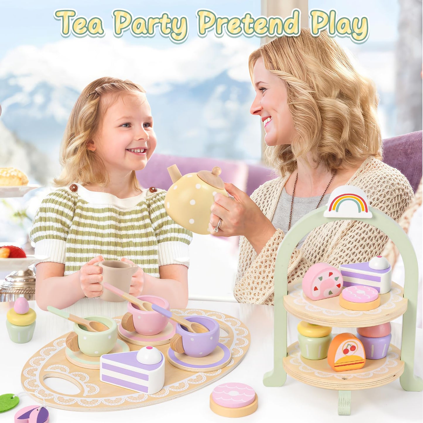 Lonico Wooden Tea Party Set for Little Girls Toddler Tea Set with Cupcake Stand & Food Dessert, Play Kitchen Accessories for Toddlers 2 3 4 5 6 Years Old, Wooden Toys Birthday Kids Girls Gifts 3-6