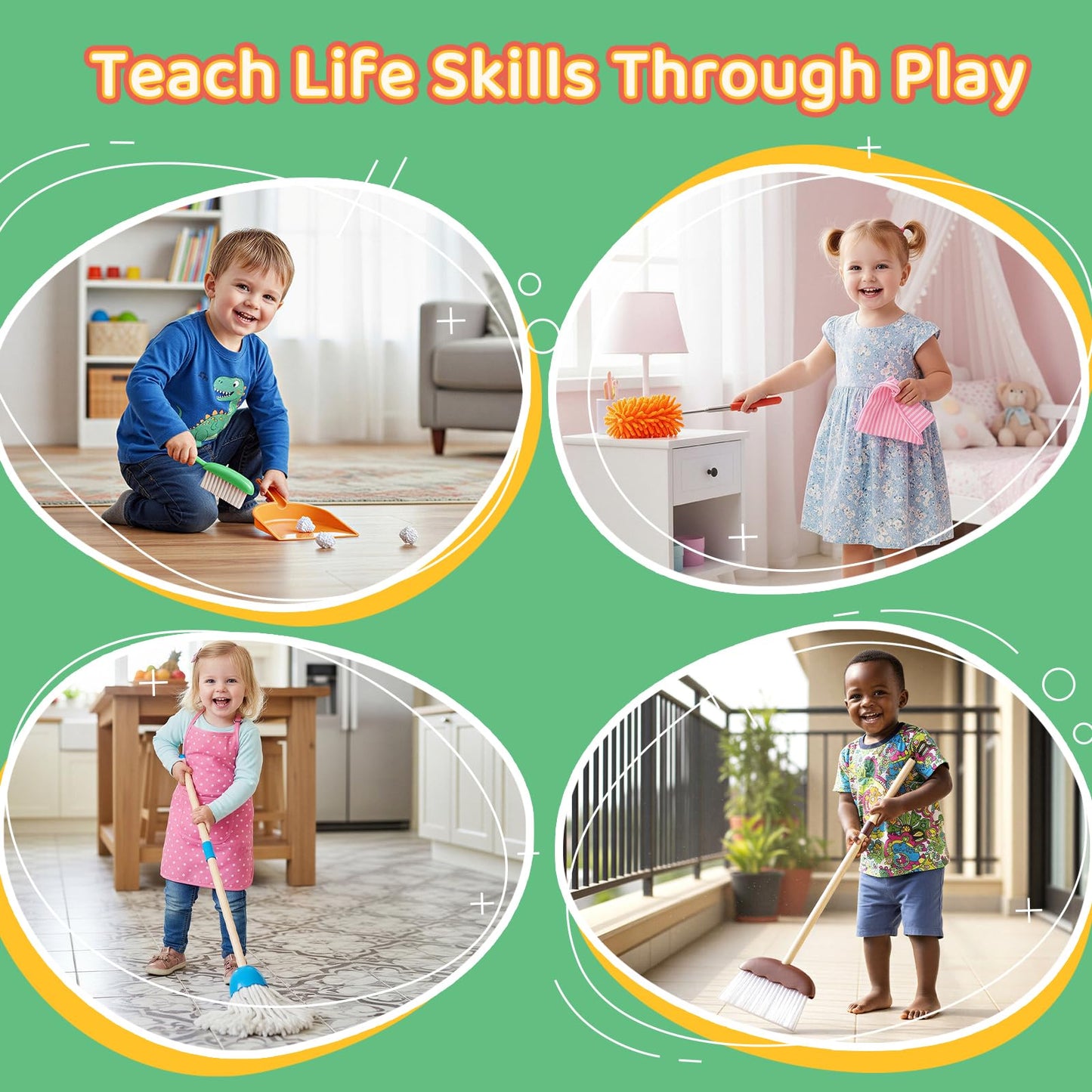 Meland Kids Cleaning Set - 8Pcs Toddler Broom and Toy Vacuum Cleaner, Pretend Play Children House Cleaning Toys, Christmas Birthday Gift for Girls and Boys