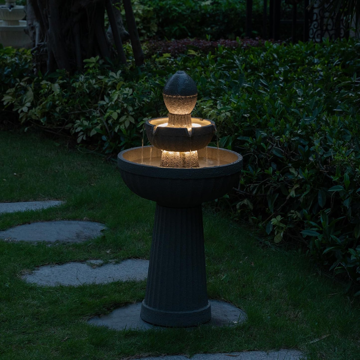 Puulye 37.80” H Outdoor Water Fountain Made with Eco-Friendly Recyclable Materials, Polyethylene Cascading Waterfall Water Fountain Outdoor, Garden Decor with LED Light for Patio, Backyard (Andesite)