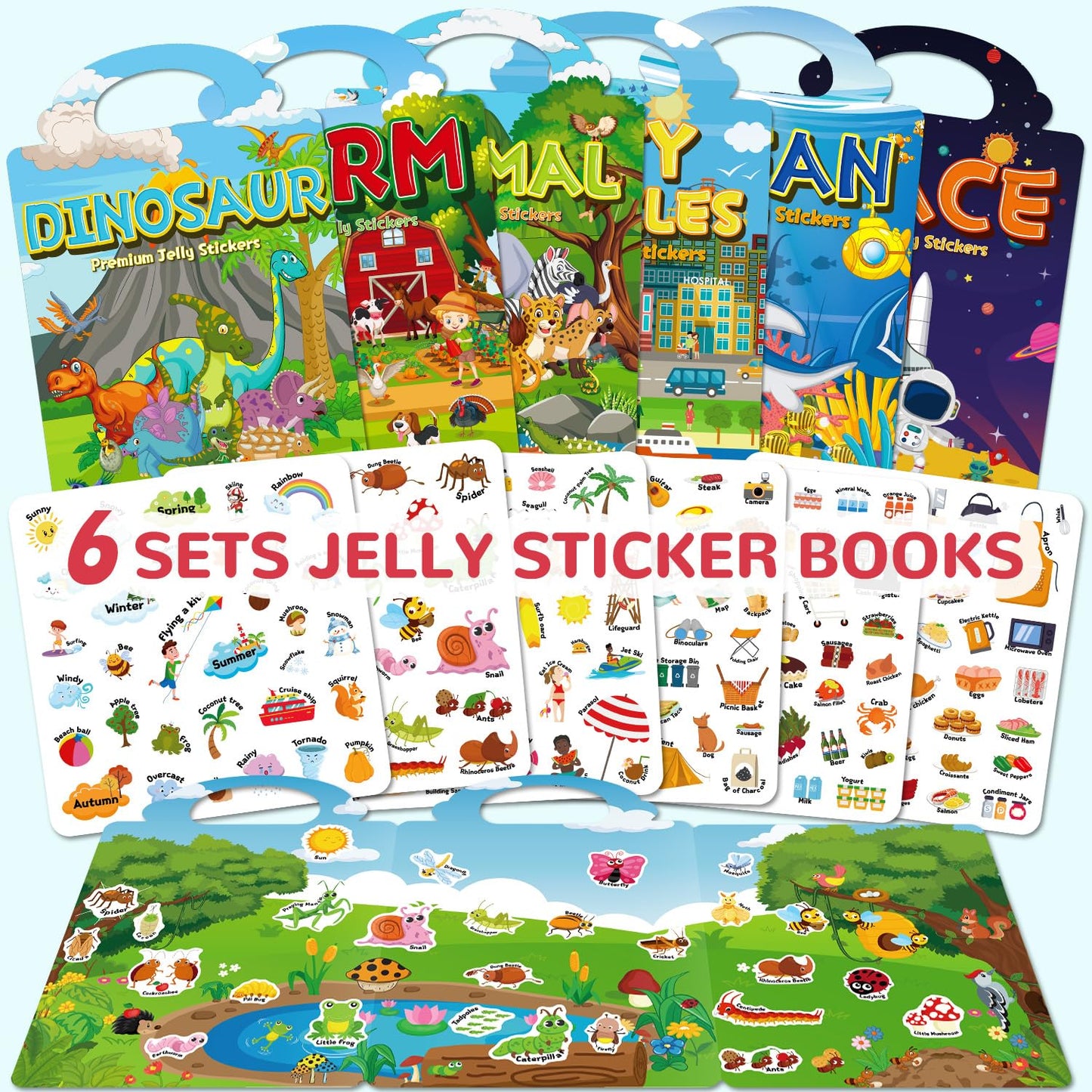 CREATIVETREES 6 Sets Reusable Sticker Book for Toddlers 3-6, Jelly Sticker Books for Toddler, Travel Sticker Activity Toys for Kids 3 4 5 6 Years Old Girls & Boys