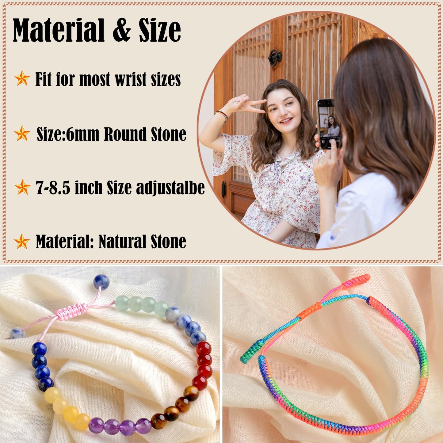 LPBeads 6mm Chakra Bracelet with Handmade Rope Bracelet Size Adjustable Natural Stone Crystal Healing Bracelets Gifts for Unisex Adults