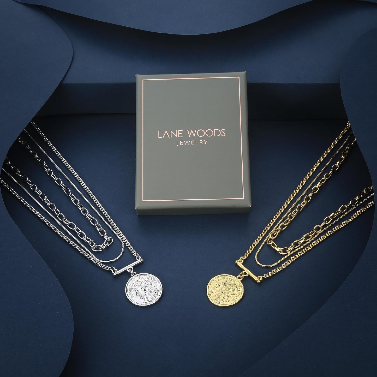 LANE WOODS 18k Gold Plated Necklaces for Women - Stackable Coin Medallion Pendant Necklace Adjustable Layered Choker Necklaces Chain Set Jewelry