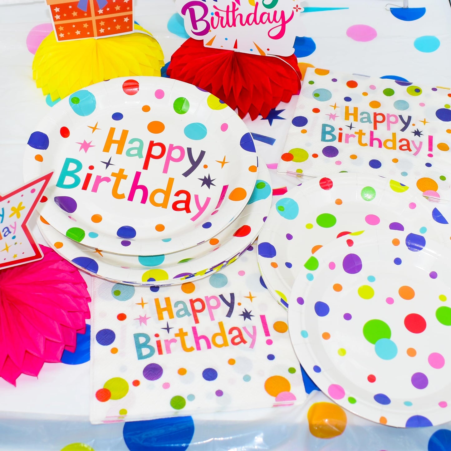 Happy Birthday Decorations Set for Kids - Party Supplies Kit with Honeycomb Balls, Banner, Backdrop, Balloons, Tablecloth, Plates, Napkins- Birthday Party Decor for Boys Girls