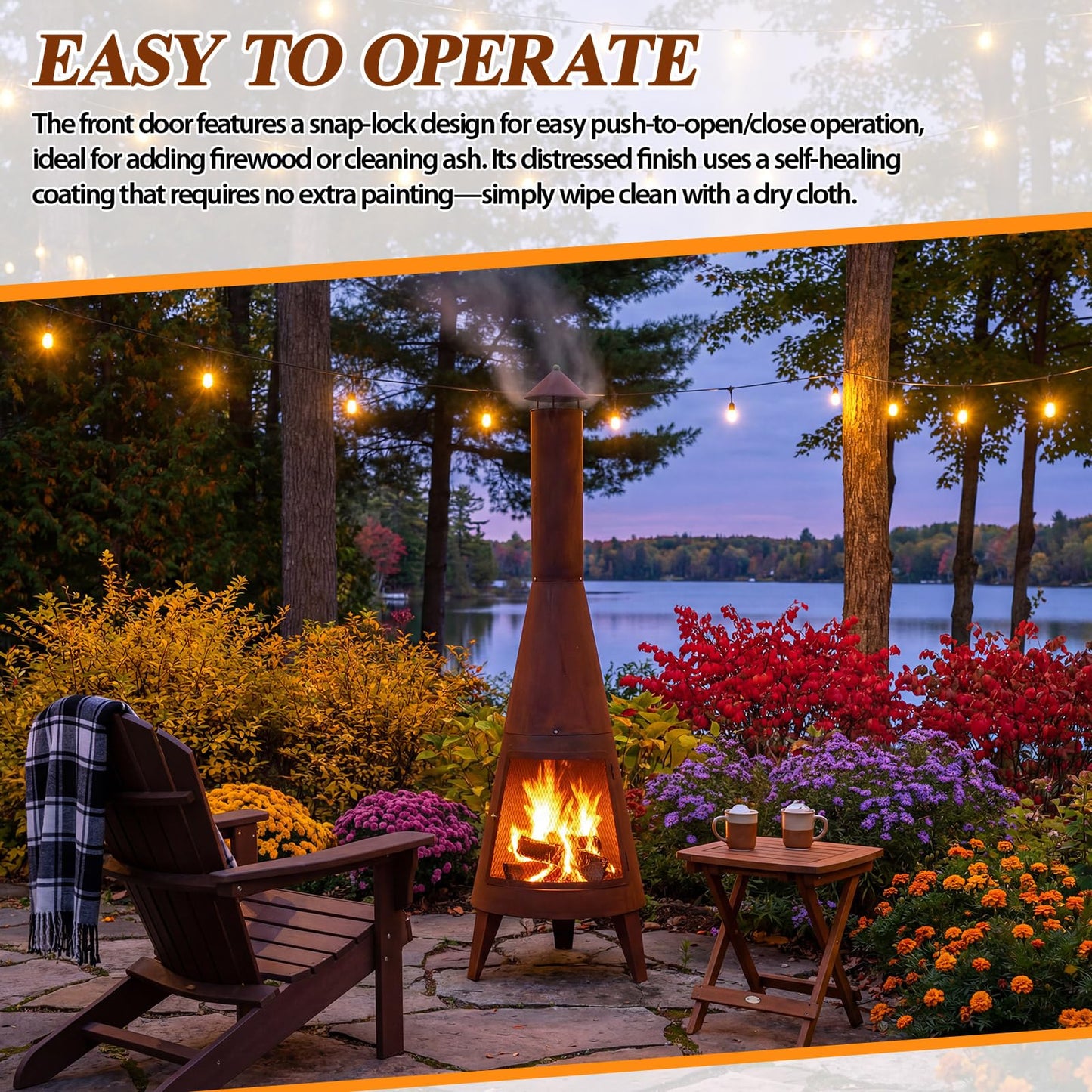 Ferrochef 70 Inch Country Outdoor Chiminea Fireplace Heavy-Duty Steel Wood-Burning Chiminea Fire Pit with Wire Mesh Cover