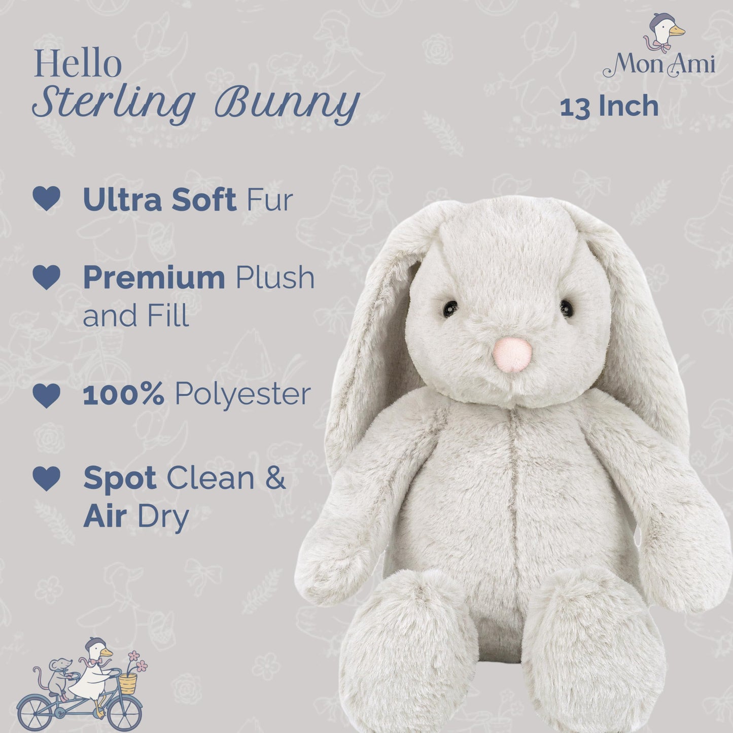 MON AMI Sterling Bunny 13-Inch Stuffed Rabbit for Boys & Girls | Soft Bunny Plush Toy | Snuggle Companion | Nursery Décor | Gift for Valentine’s Day & Birthdays