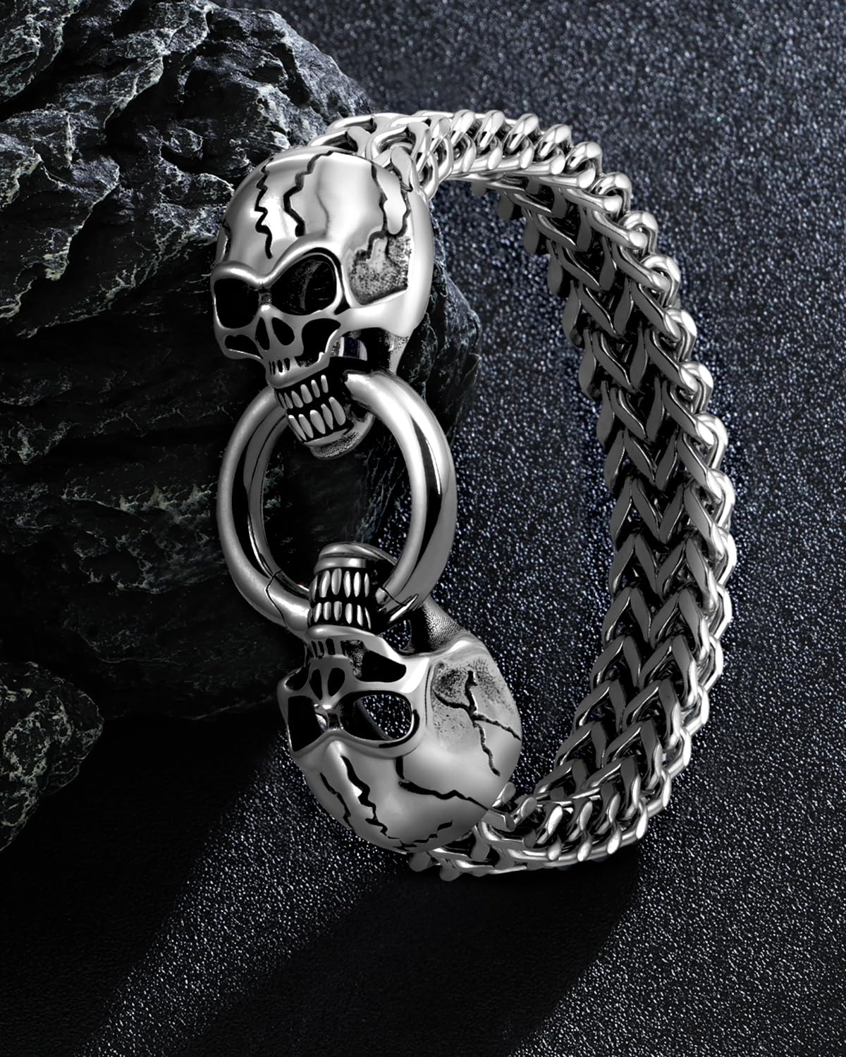 LuxGoth Stainless Steel Skull Heavy Cuban Link Chain Bracelet Gothic Punk Rock Biker Vintage Viking Skull Head Franco Link Curb Bracelet Jewelry for Men Silver GTS-B1B45001