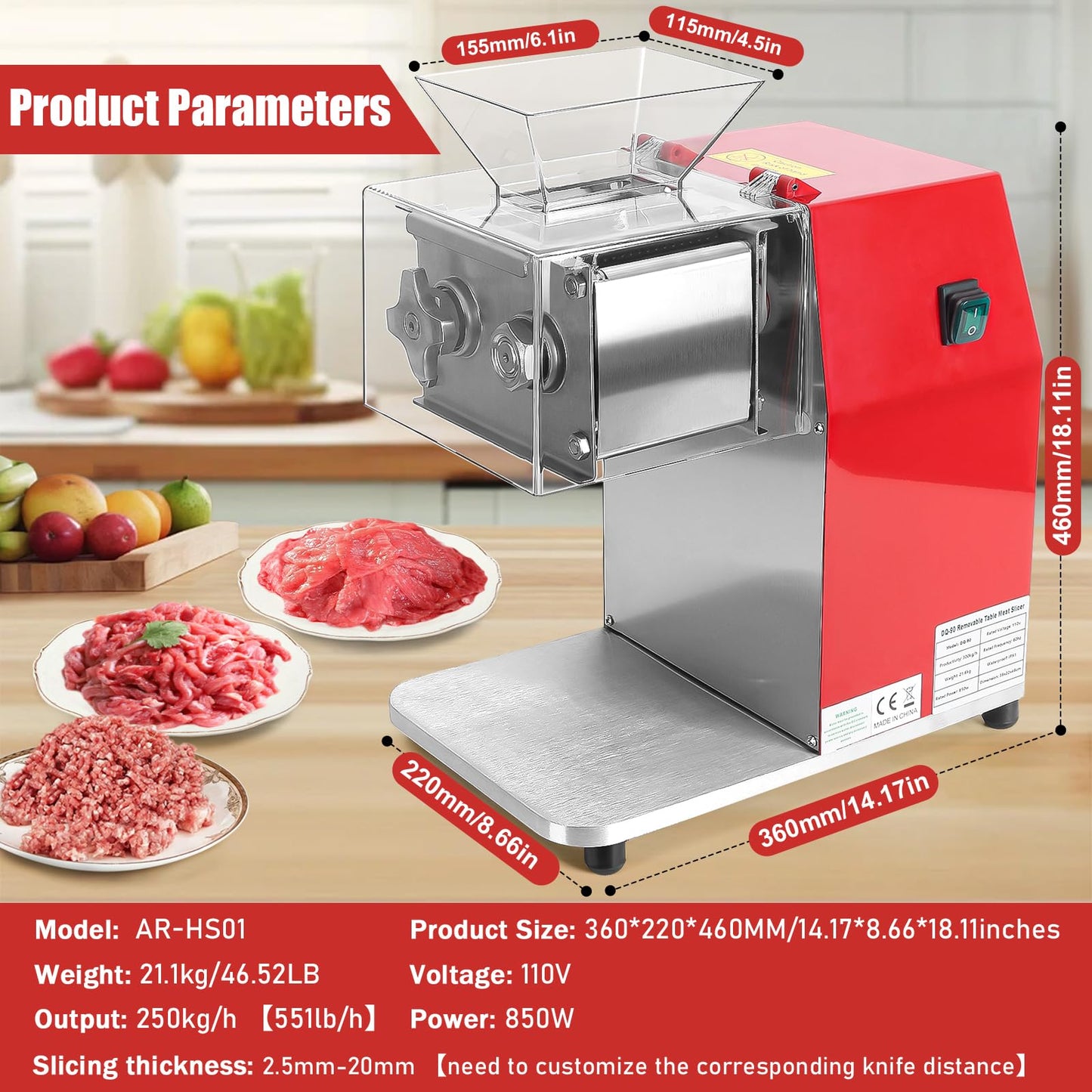ARLUMA Meat Cutter Machine,850W Commercial Meat Cutting Machine Electric Stainless Steel Meat Slicer for Home Kitchen, Restaurant, Supermarket (8MM)