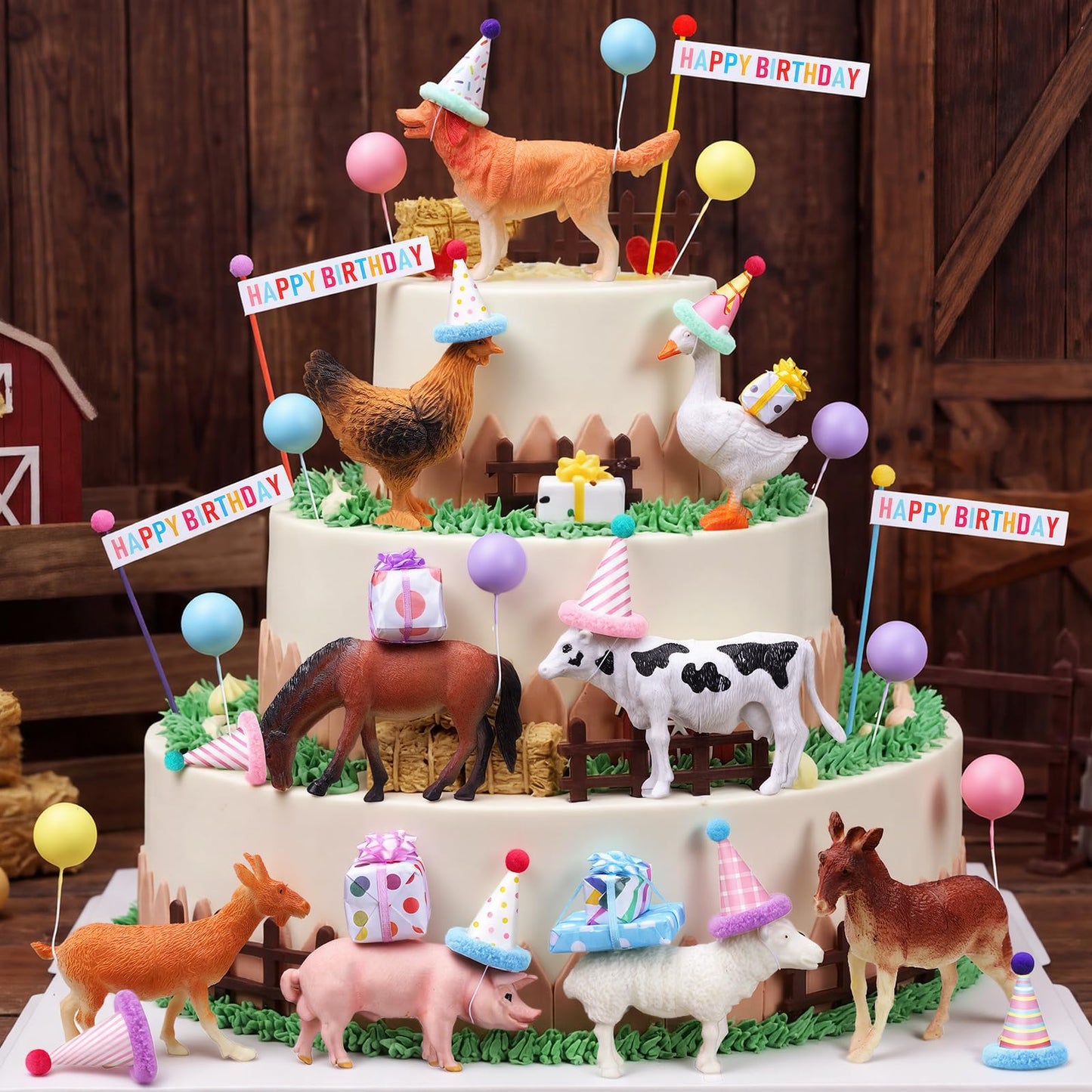 Weysat 37 Pcs Farm Animal Birthday Party Decorations, Farm Cake cupcake Toppers with Mini Hats Miniature Flags Gift Boxes Balls Bows Figure Models for Farmhouse Birthday Party Decor Supplies Adults