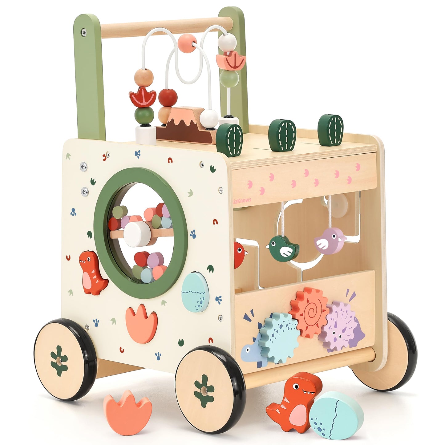 KizKnows Wooden Baby Push Walker 6-in-1 Dinosaur Activity Center for Toddlers Montessori Toys with Wheels Adjustable Speed with Brake & Shape Sorter Gifts for Boys Girls 12M+
