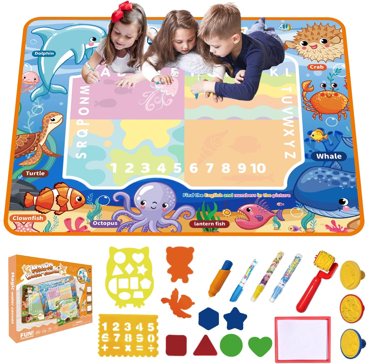 Happi Hoomin Water Doodle Mat for Kids – Mess Free Reusable Drawing & Writing Board, Neon Aqua Magic Coloring Mat, Educational Preschool Learning Toy for Toddlers Boys & Girls (Ocean)
