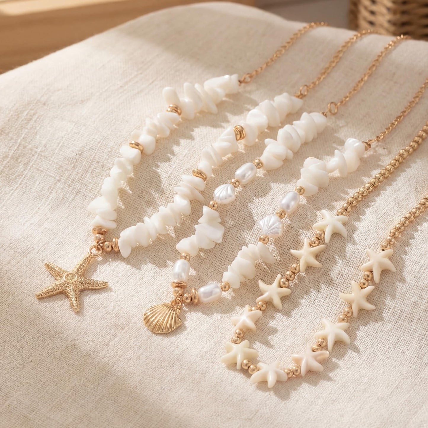 Shell Starfish Necklace for Women, Gold Plated Boho Layered Pendant Necklace with Pearl Conch Charm, Dainty Coastal Summer Beach Vacation Jewelry Gifts(Crush 3Pcs)