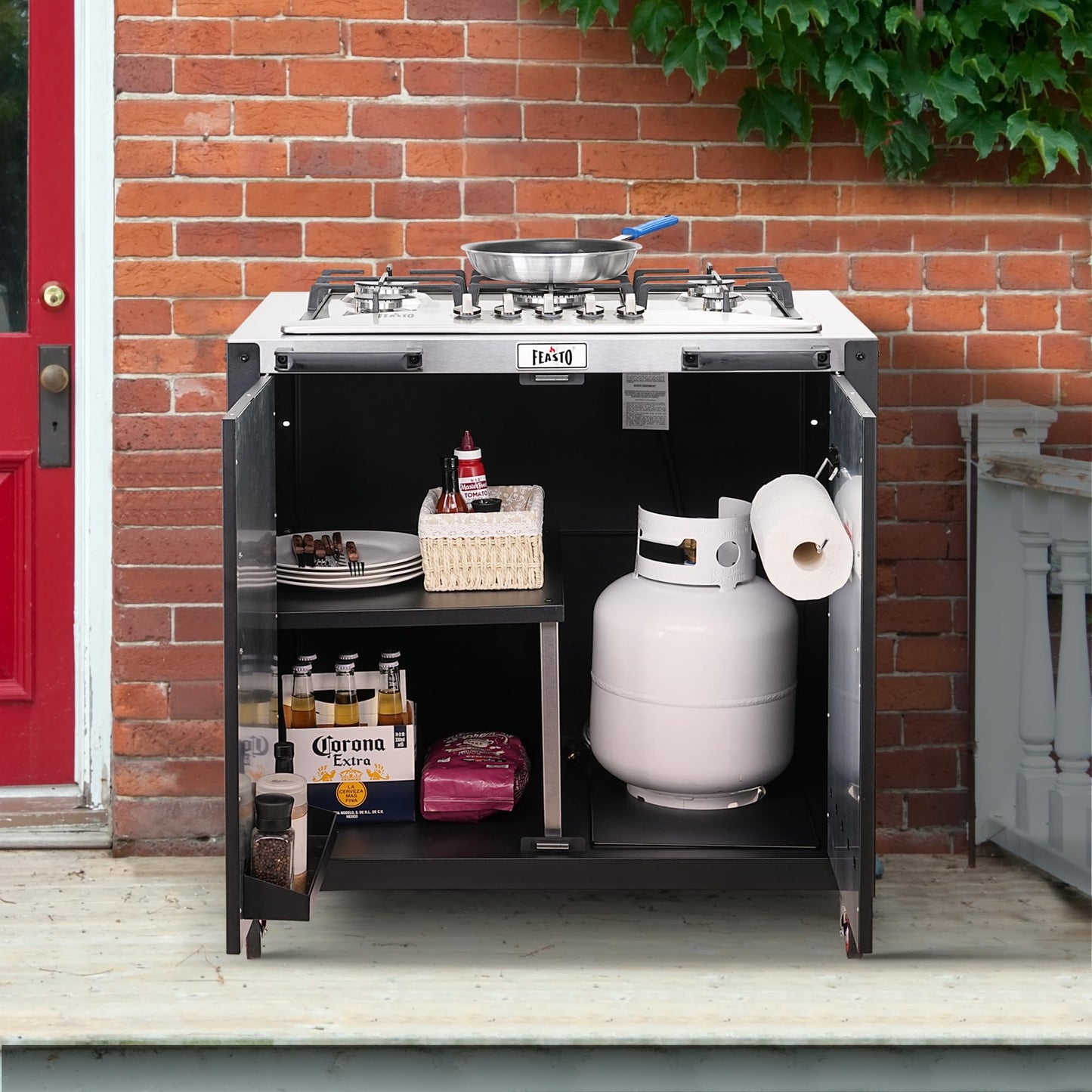 Feasto Gas Grill, Movable Outdoor Gas Stove Stainless Steel Top with Cabinet, 5 Burners with 36,200 BTUs, Outdoor Propane Grill for Outdoor Cooking, Ideal for Lawn & Garden, L35.4 x W24
