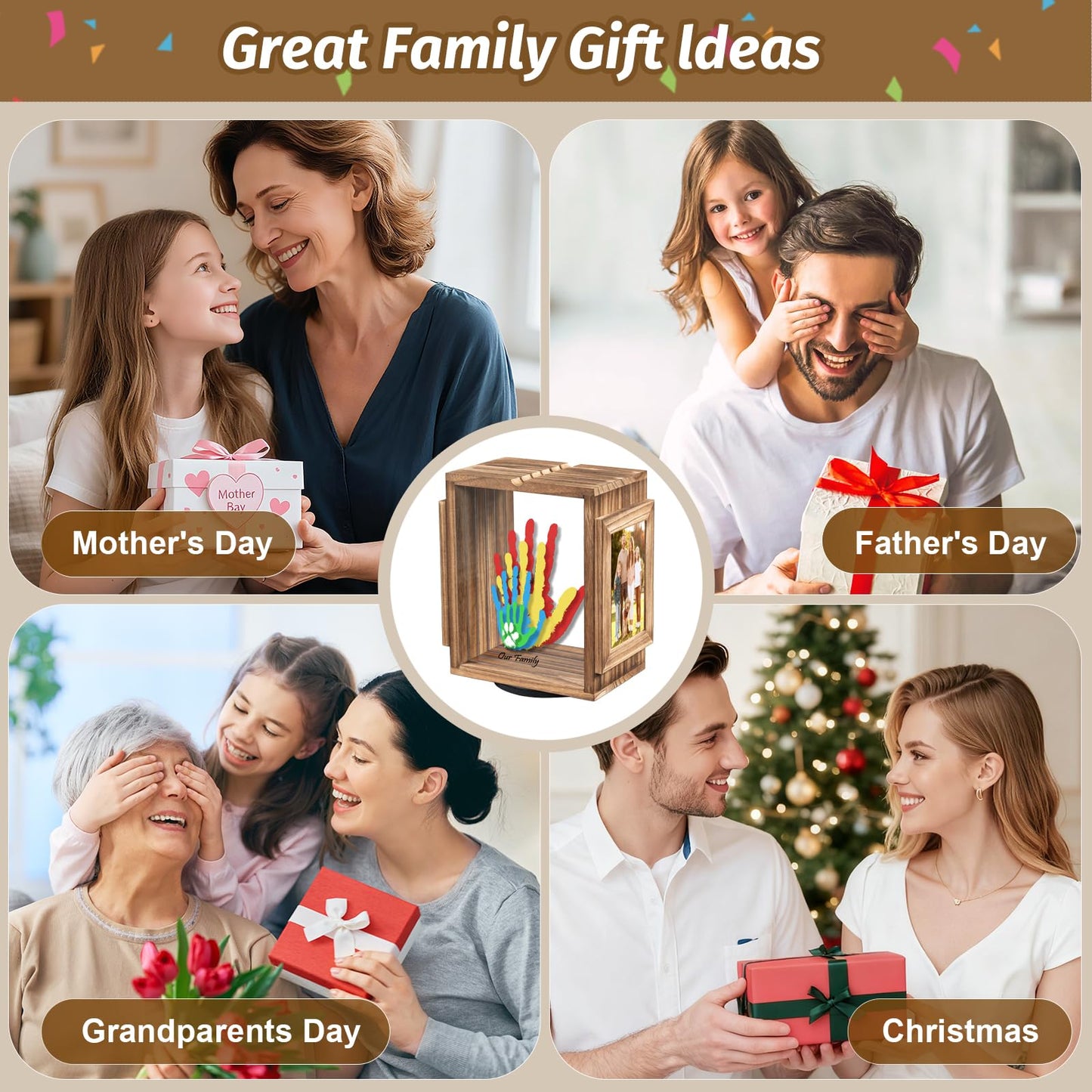 Emfogo 360 Rotating Family Handprint Kit, DIY Craft Keepsake Wooden Frame, Baby Footprint Kit, 5 Paint Colors Included, Non-Toxic Paints&Transparent Sheets, Gifts for Handprint Family Keepsake(Brown