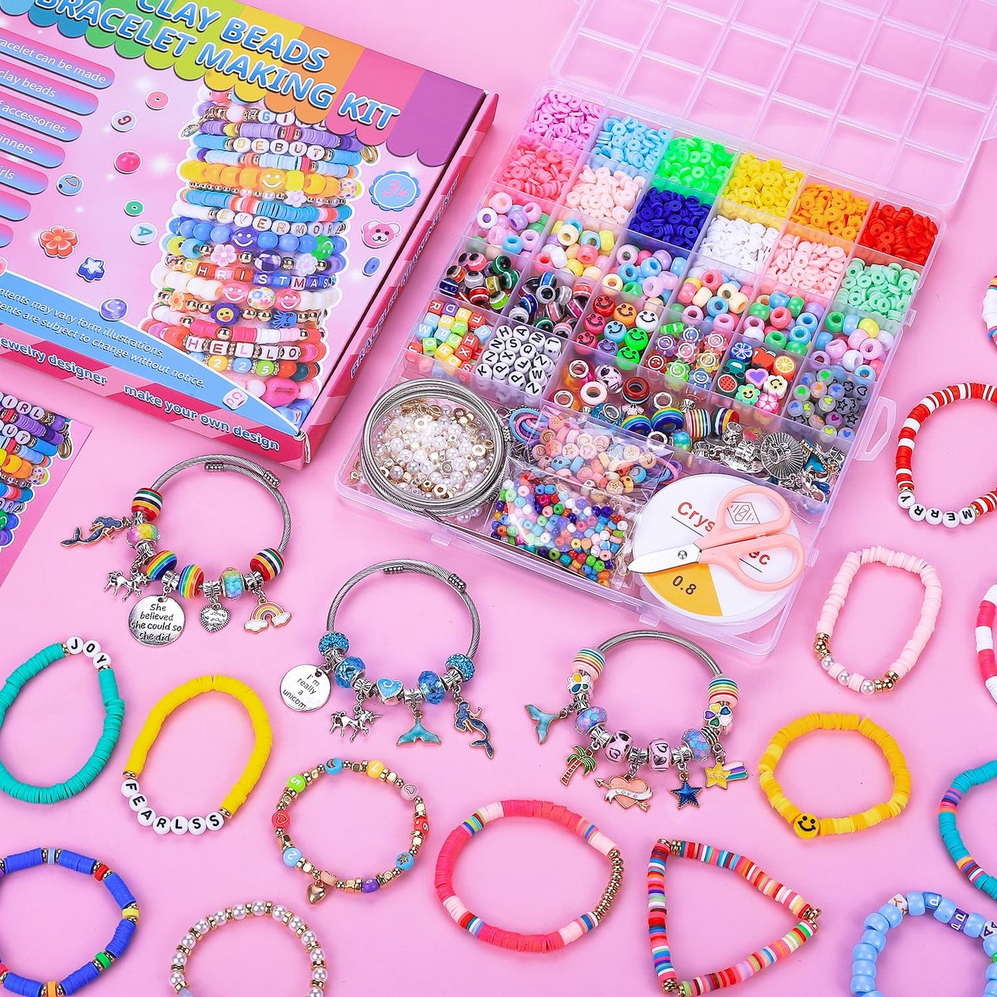 AIPRIDY 3600 Pcs Girls Toys Bracelet Making Kit, Unicorn/Mermaid Jewelry Activity, Flat College Style Beading for Friendship Jewelry Making, DIY Crafts for 4-12 Girls Birthday Christmas Gifts(Pink)