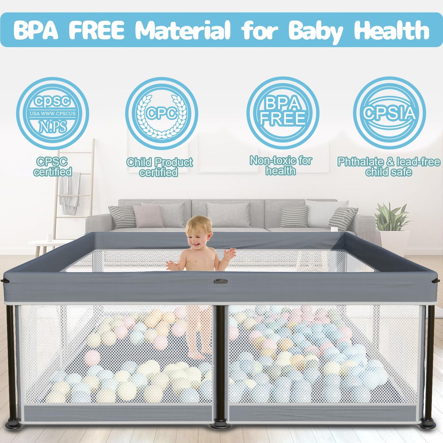 TOREVSIOR Foldable Baby Playpen with Mat, 50"×50" Collapsible Play Pen for Babies and Toddlers, Indoor & Outdoor Kids Safety Play Pen, Portable Play Yard, Foldable Baby Playpen with 50 Ocean Balls
