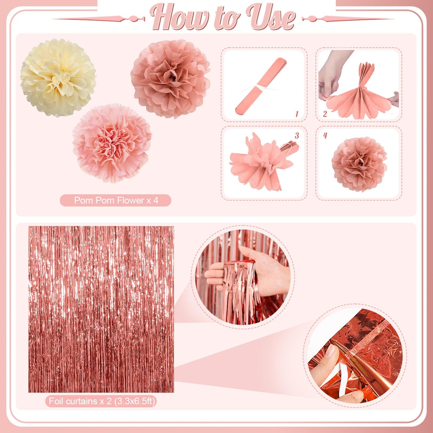 Blush Pink Birthday Decorations, Rose Gold Nude Party Décor with Foil & Latex Balloons Sash Fringe Curtains Happy Birthday Banner Cake Topper Paper Pompoms Party Decor for Women Girl