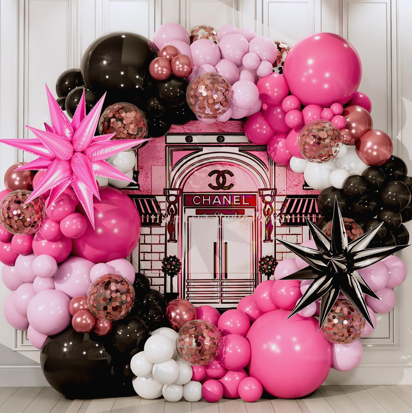 ALL-IN-1 Pink and Black Balloons Arch Kit with BONUS Starburst Balloons – Pink Black and White Balloons for Hot Pink and Black Party Decorations for Birthday and Theme Party Celebrations