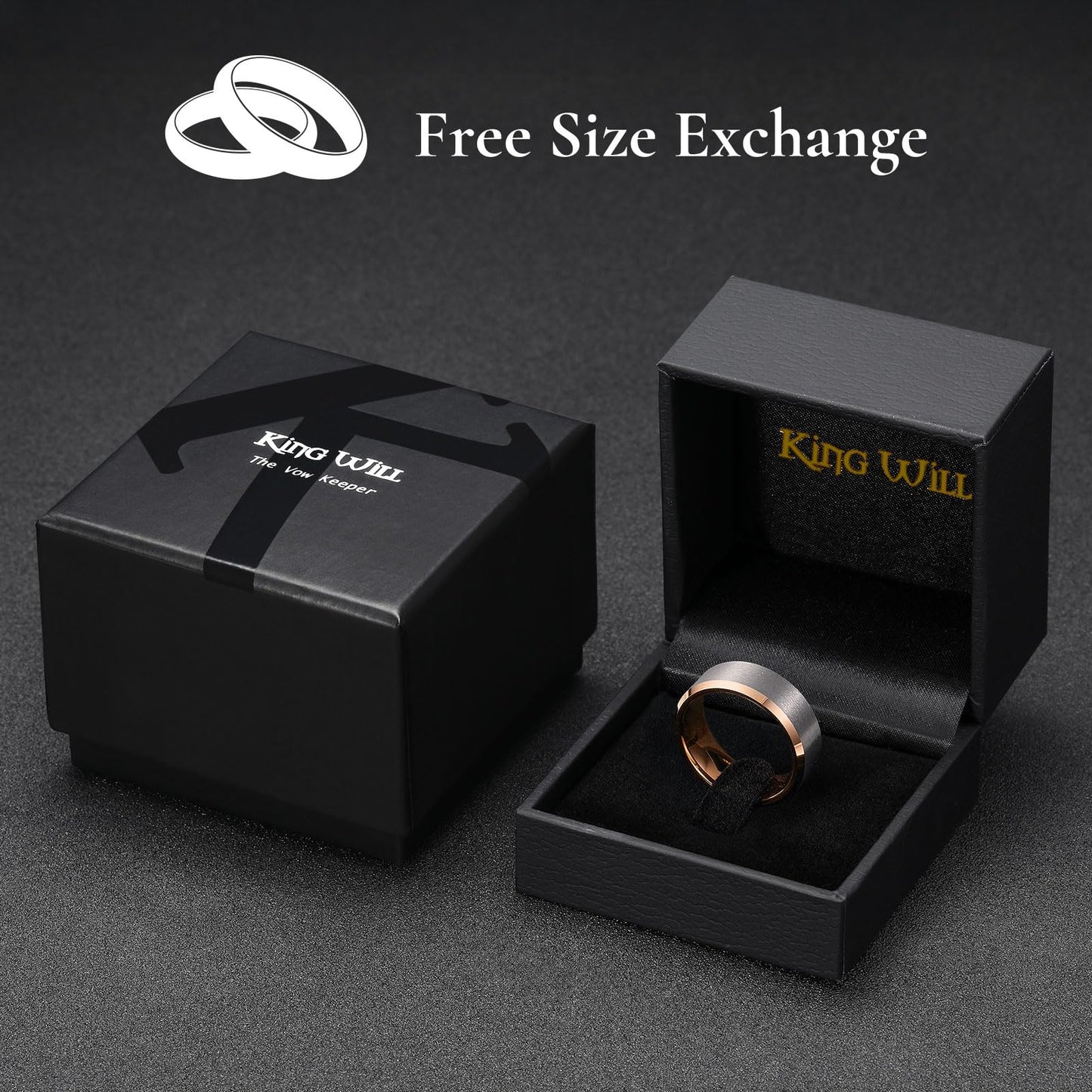 King Will 8mm Classic Tungsten Rings for Men Two-Tone Mens Wedding Bands Simple Engagement Promise Ring Matte Brushed Beveled Edges Comfit Fit Durable, Silver & Rose Gold Plated Size 9