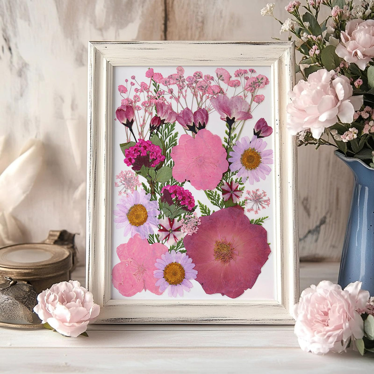 85Pcs Pink Dried Flowers for Crafts, Natural Pressed Flowers for Crafts Real Dried Pressed Flowers Dry Leaves for Resin, DIY Art, Scrapbook, Nails Decor, Jewelry, Candle & Soap Making, with Tweezers