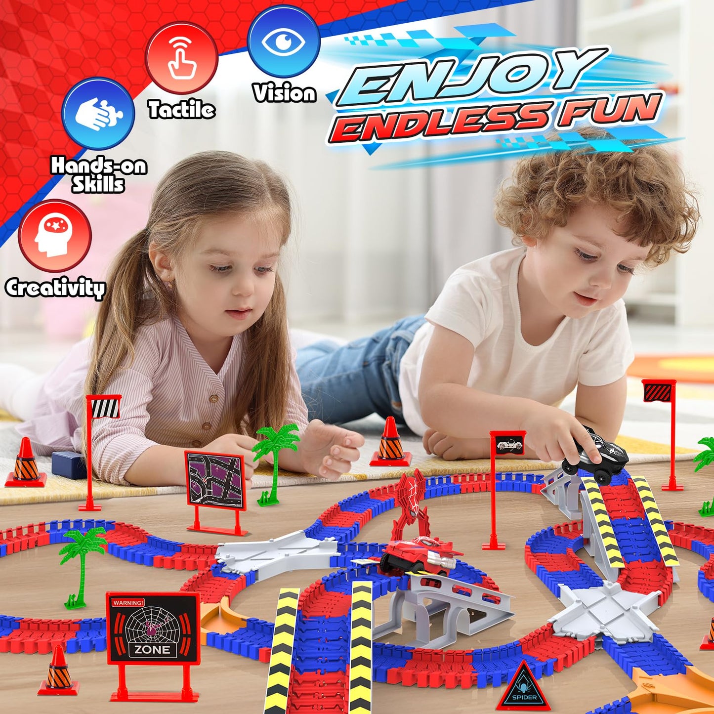 Spider Toys 250 PCS Race Car Track for Kids Ages 3-6 with 2 Cool Monster Car, Toddler Car Tracks for 3+ Year Old Boys Girls, Toy Set Birthday Gifts for 3-6 Year Old Boys