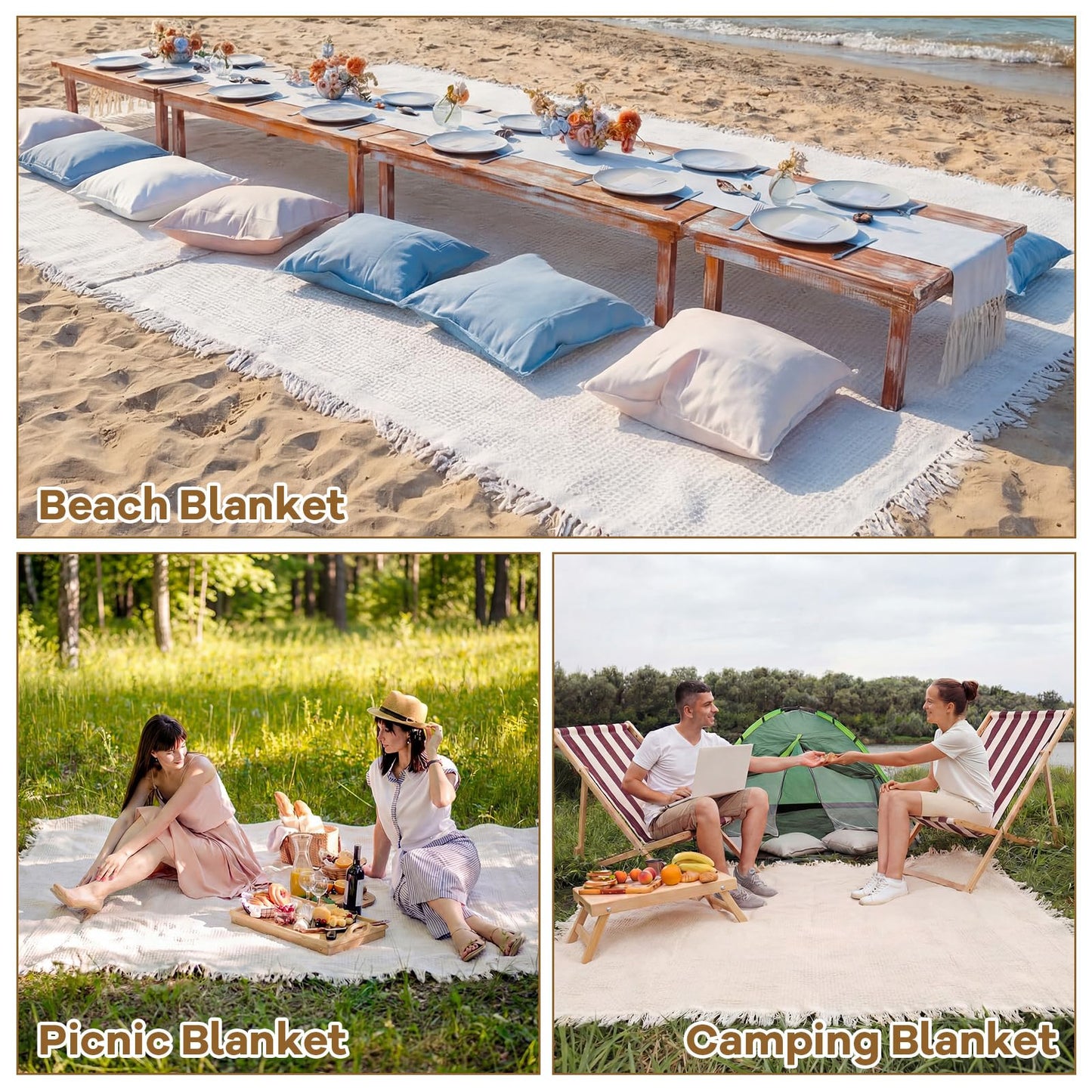 Hillsuren Giant Beach Blanket with Fringe 91 x 71 Inch Waffle Woven Cotton Oversize Yarn Outdoor Picnic Blanket Bohemia Sandproof Beach Towel for Spring Summer Camping Accessories(Milky White)