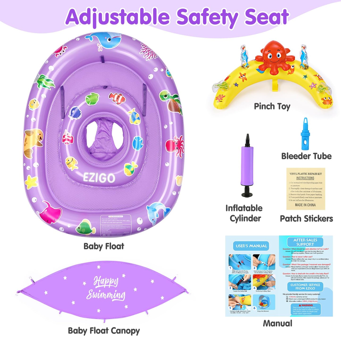 EZIGO Baby Pool Float with Canopy UPF 50+ Sun Protection, Double Air Chambers Infants Swimming Floats with Sound Toys Adjustable Safety Seat Toddler Float for Boys and Girls 6-36 Months (Purple)