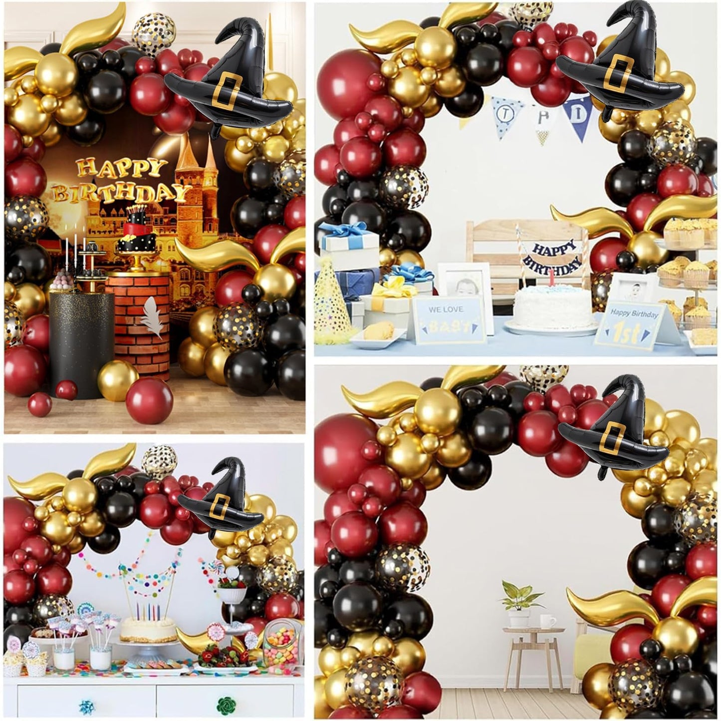 Balloon Garland Arch Kit – Burgundy Black Gold Balloons with Bonus DIY Hat and Wings for Baby Shower Anniversary Graduation Party Supplies