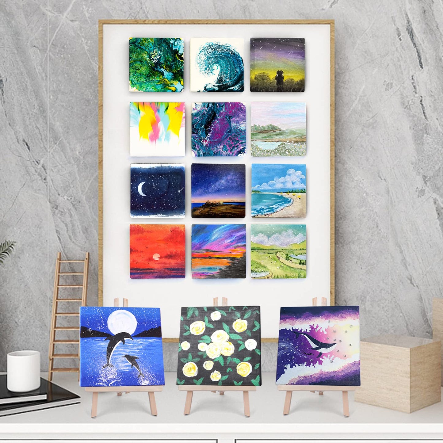ESRICH Mini Canvases for Painting,4x4In Canvas in Bulk 24Pack, 2/5In Profile Small Square Canvas, Blank Canvases are Great for School Projects and Kids Birthday Parties, Home Decor Project.