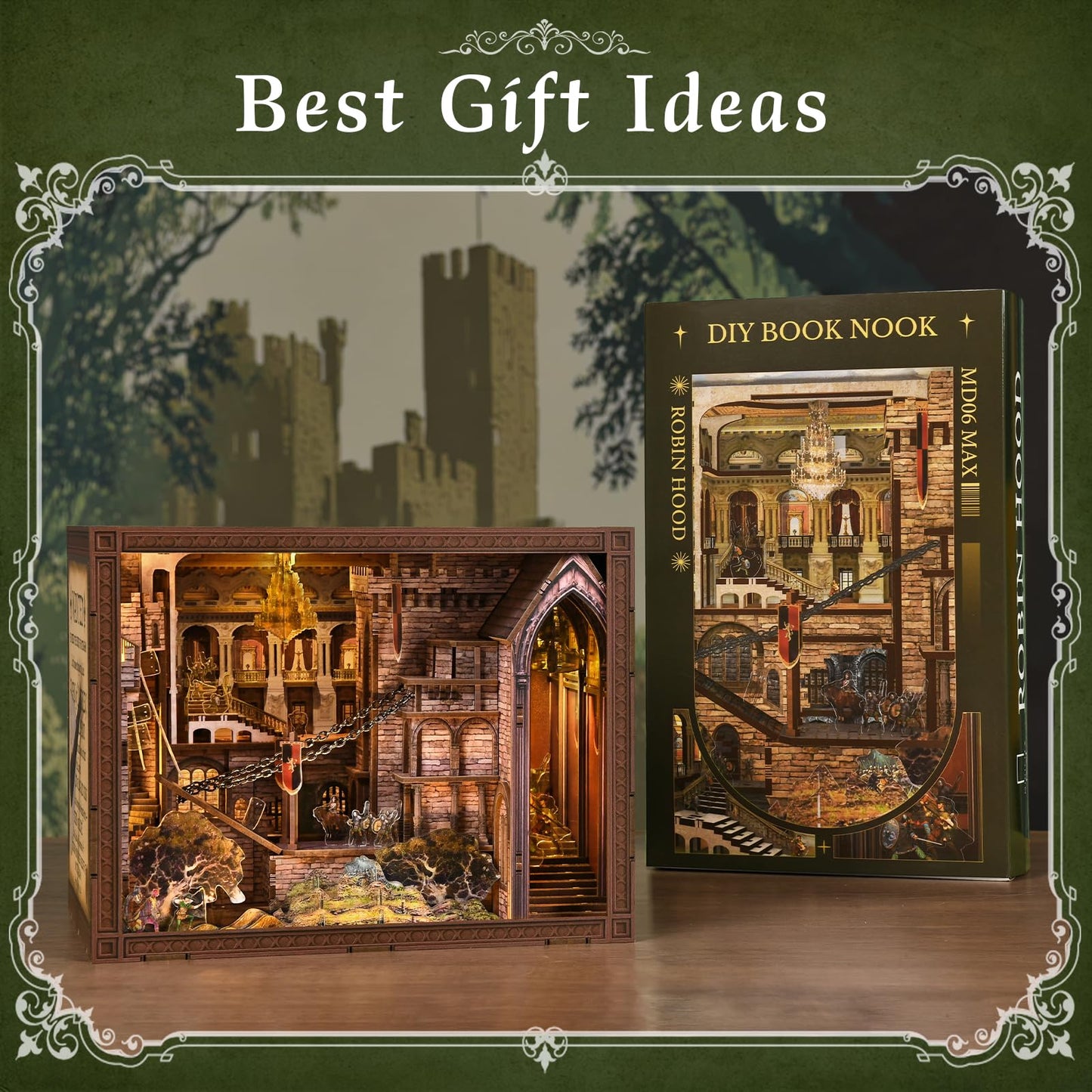 MiniCity DIY Book Nook Kit - The Castle's Escape 3D Miniature Wooden Scene with LED Lights, Dustcover & Tools for Shelf Decor (Robin Hood)