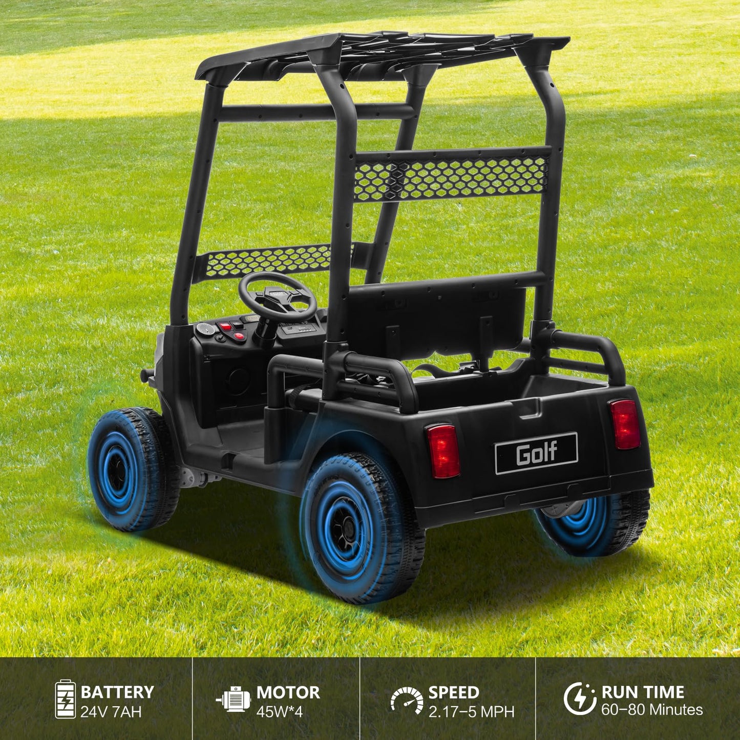 24V 2 Seater Kids Ride on Car, 4WD Golf Cart with Parent Remote Control, 4x4 Motors Ride on Truck with Roof, Toddler Electric Vehicle with Storage Box, Foot Pedal, Music Player, Lights, Horn, Black