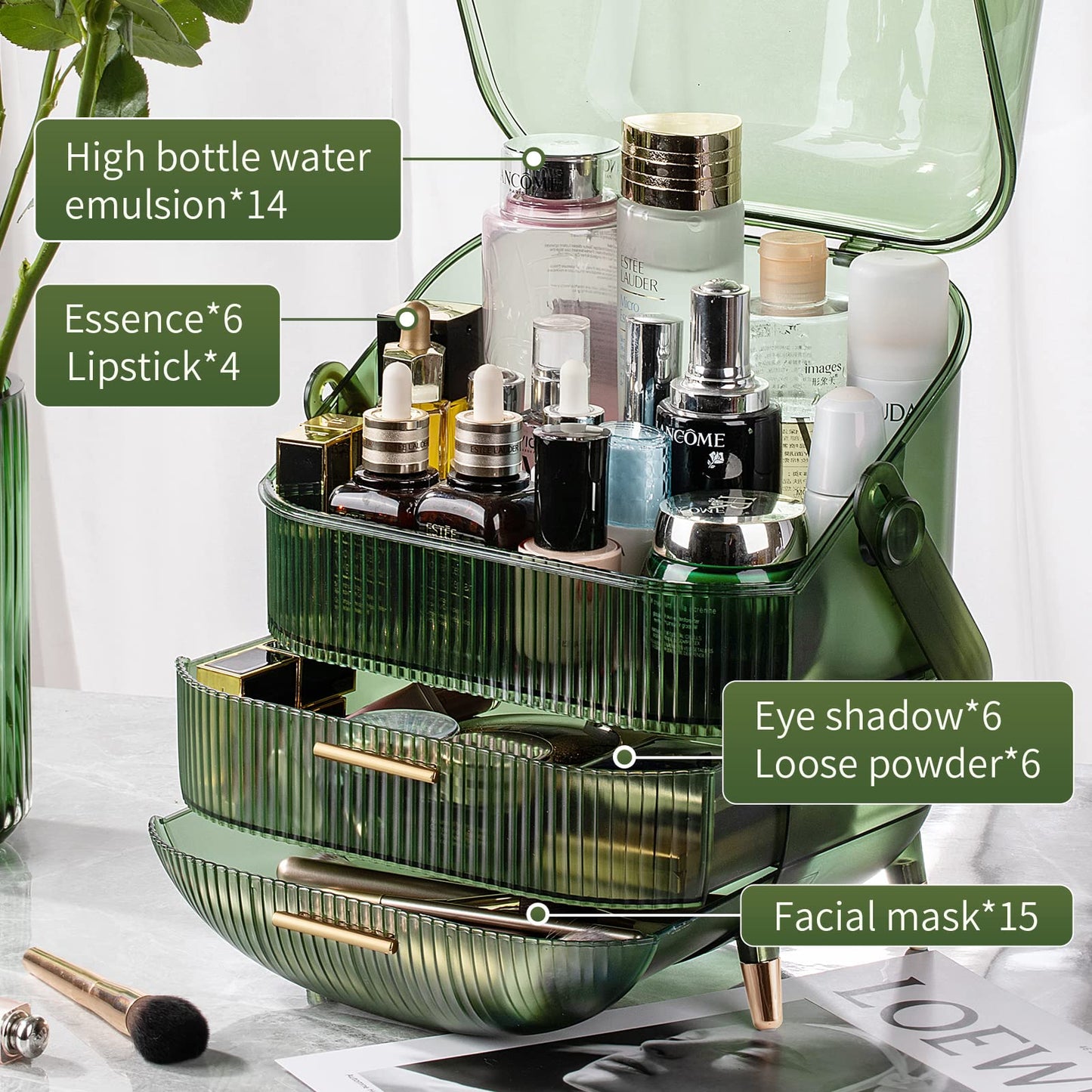 CANITORON Makeup Organizer,Large Capacity Skincare Organizer for Vanity,Cosmetic Organizer with 2 Drawers and Makeup Brush Holder for Bedroom Countertop and Bathroom Countertop Storage.(LGreen)