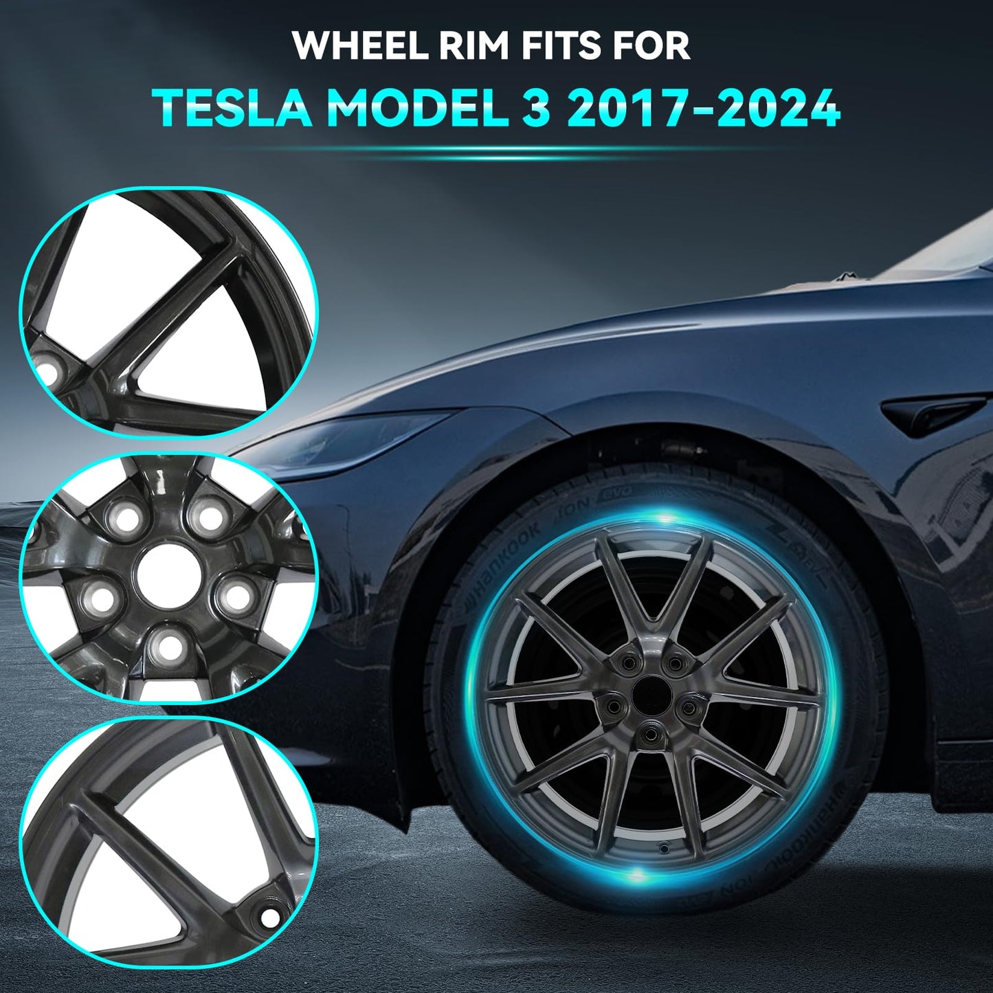 HOLUEKU New Single 18 x 8.5" 18 Inch Dark Charcoal Premium Aluminum Alloy Wheel Rim Fits for Tesla Model 3 2017 2018 2019 2020 2021 2022 2023, 96276 OEM Design Replacement Rim, ALY96276U35N